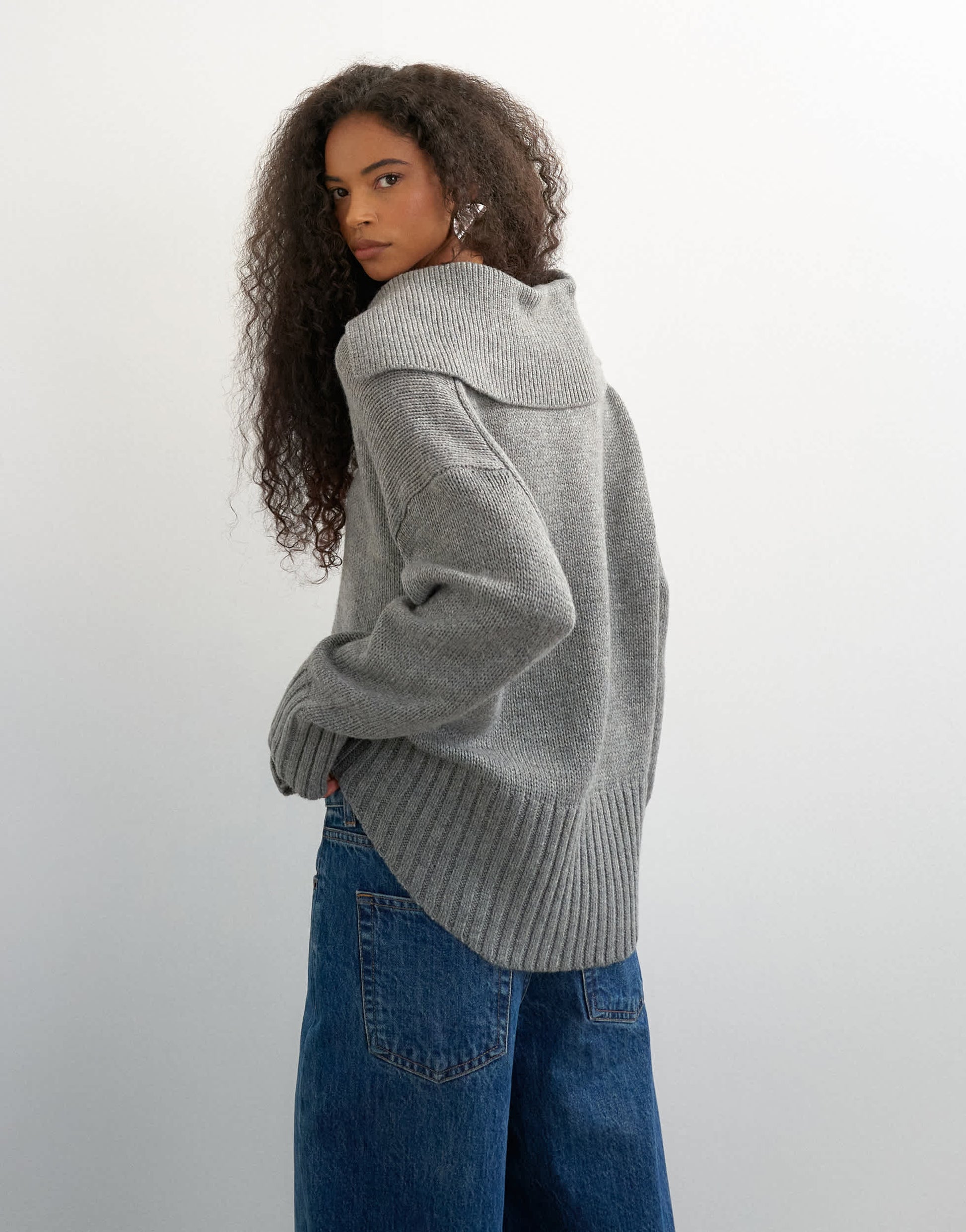 Topshop knitted curved hem collared polo jumper with wool in charcoal