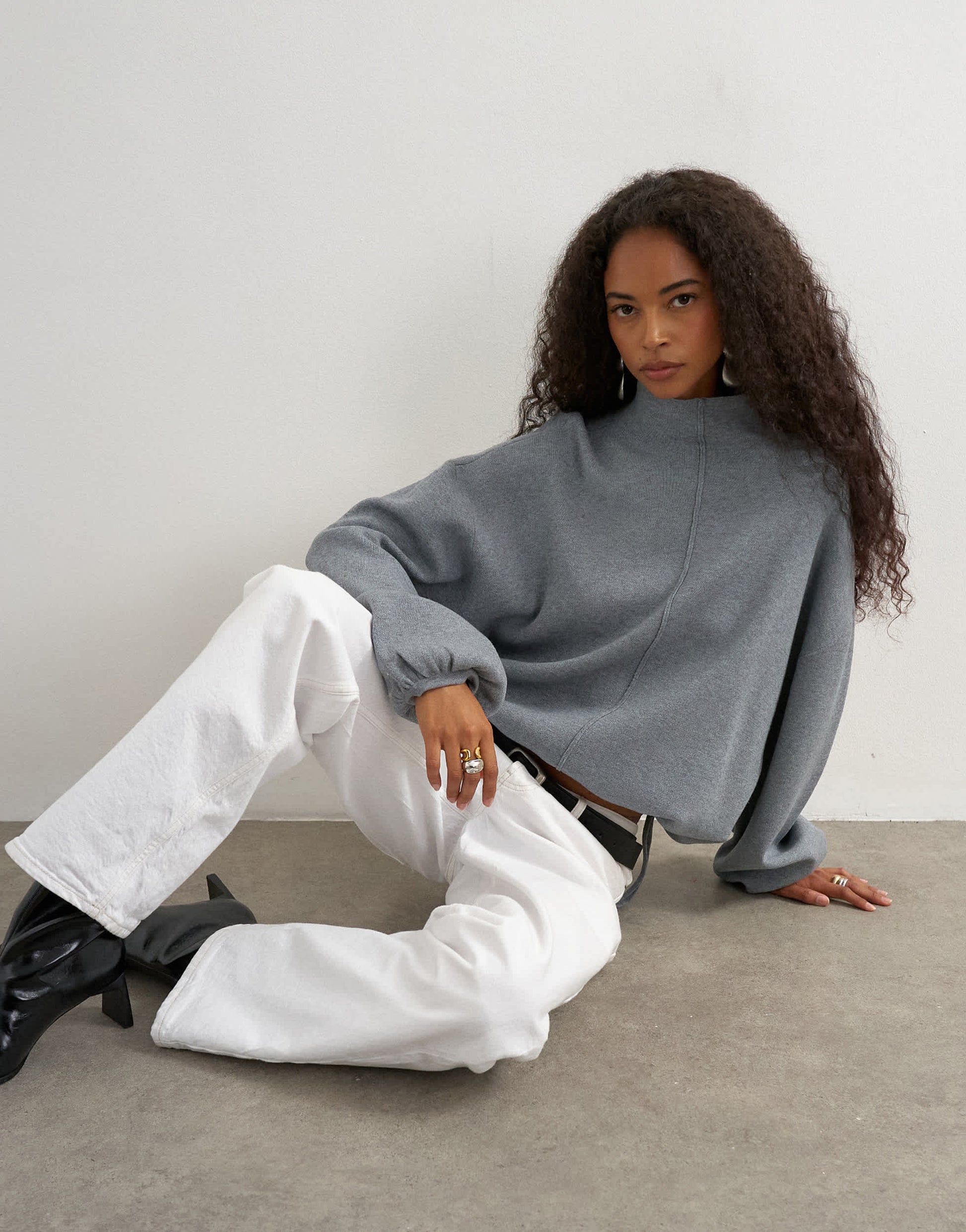 Topshop knitted funnel neck cinch hem co-ord jumper in grey
