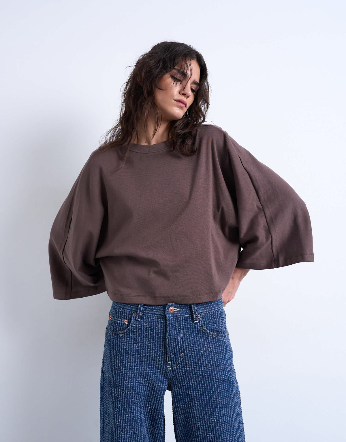 Topshop super wide sleeve tee in chocolate