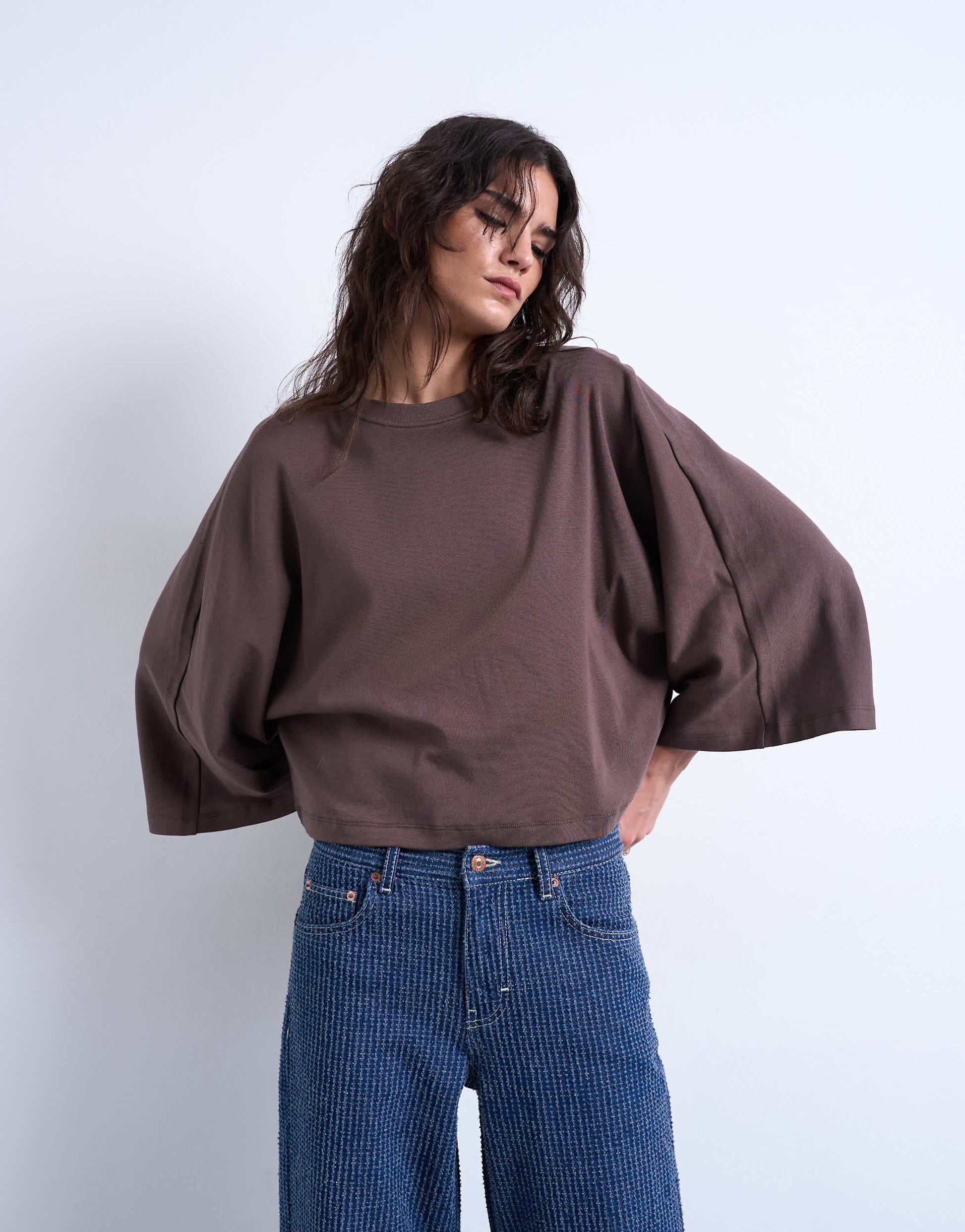Topshop super wide sleeve tee in chocolate
