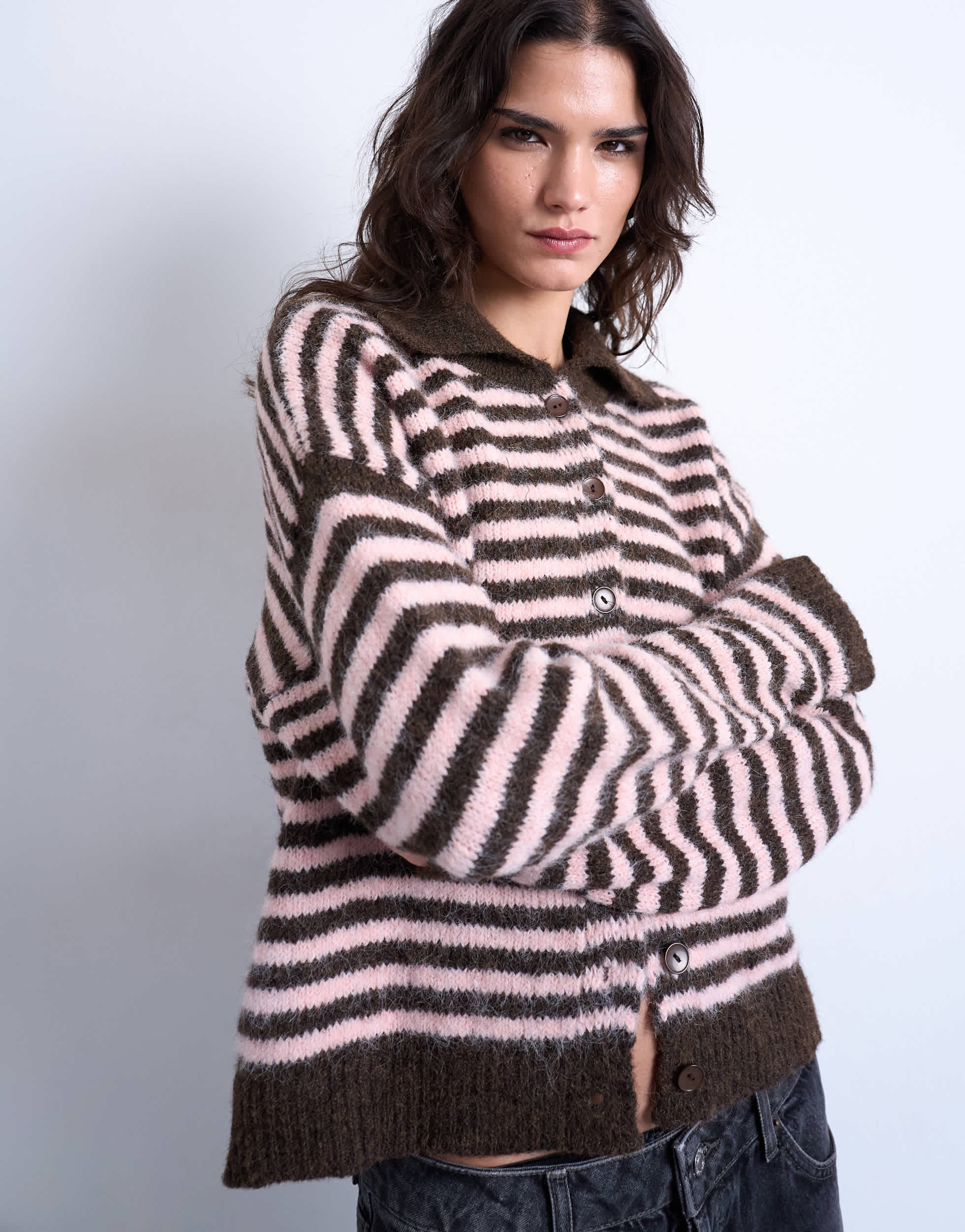 Topshop Strickjacke mit Streifen und Kragen in verschiedenen Farben