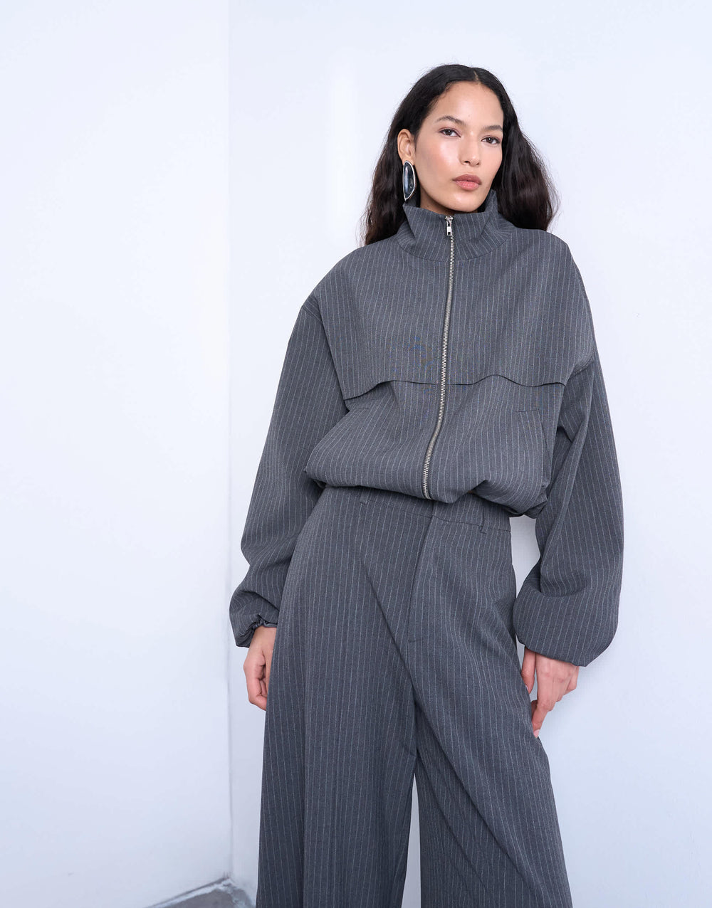 Topshop co ord funnel neck jacket in charcoal stripe