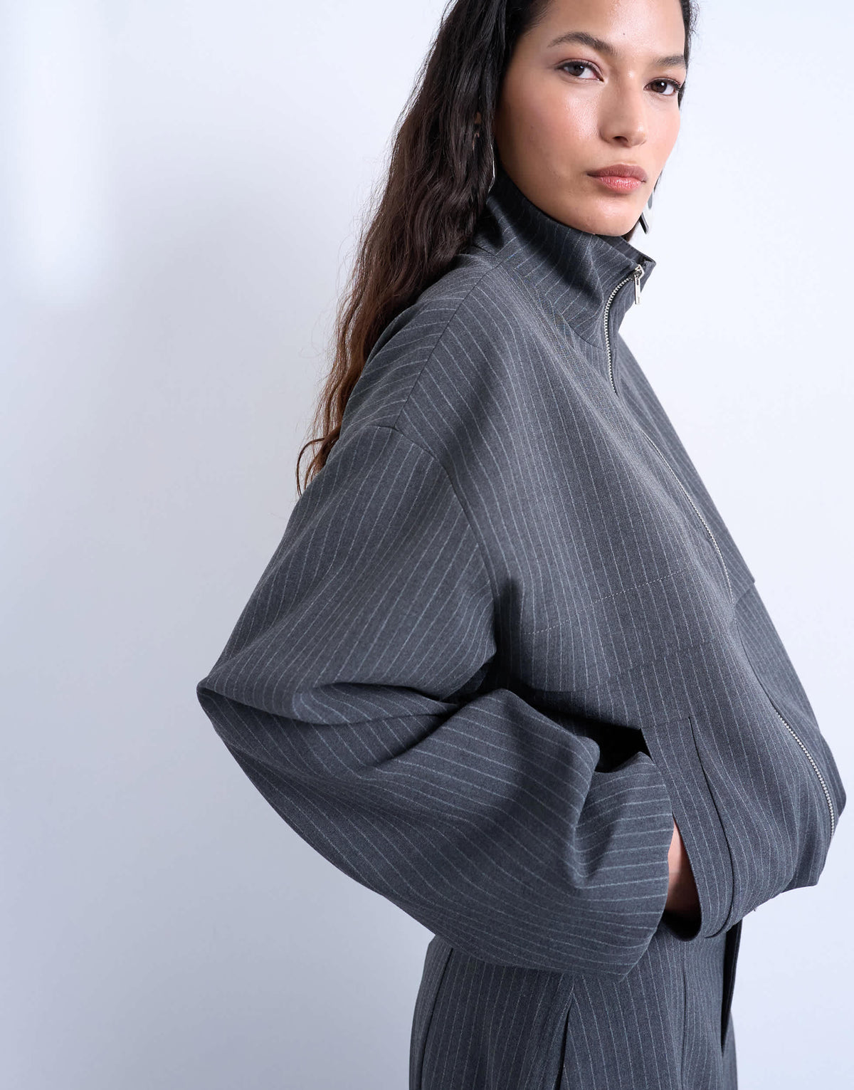 Topshop co ord funnel neck jacket in charcoal stripe