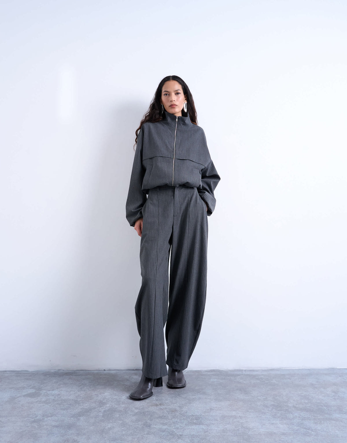 Topshop co ord funnel neck jacket in charcoal stripe