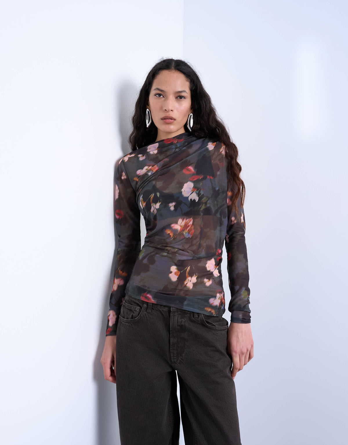 Topshop mesh floral print ruched long sleeve top in black