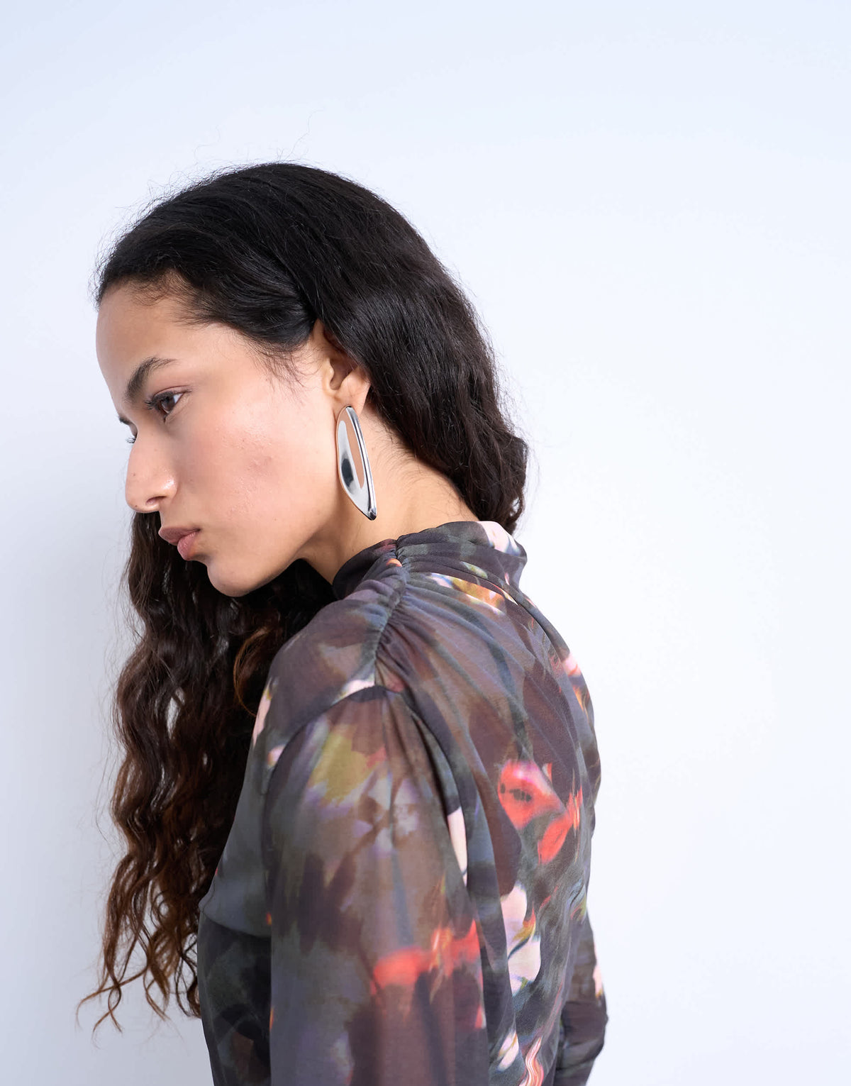 Topshop mesh floral print ruched long sleeve top in black