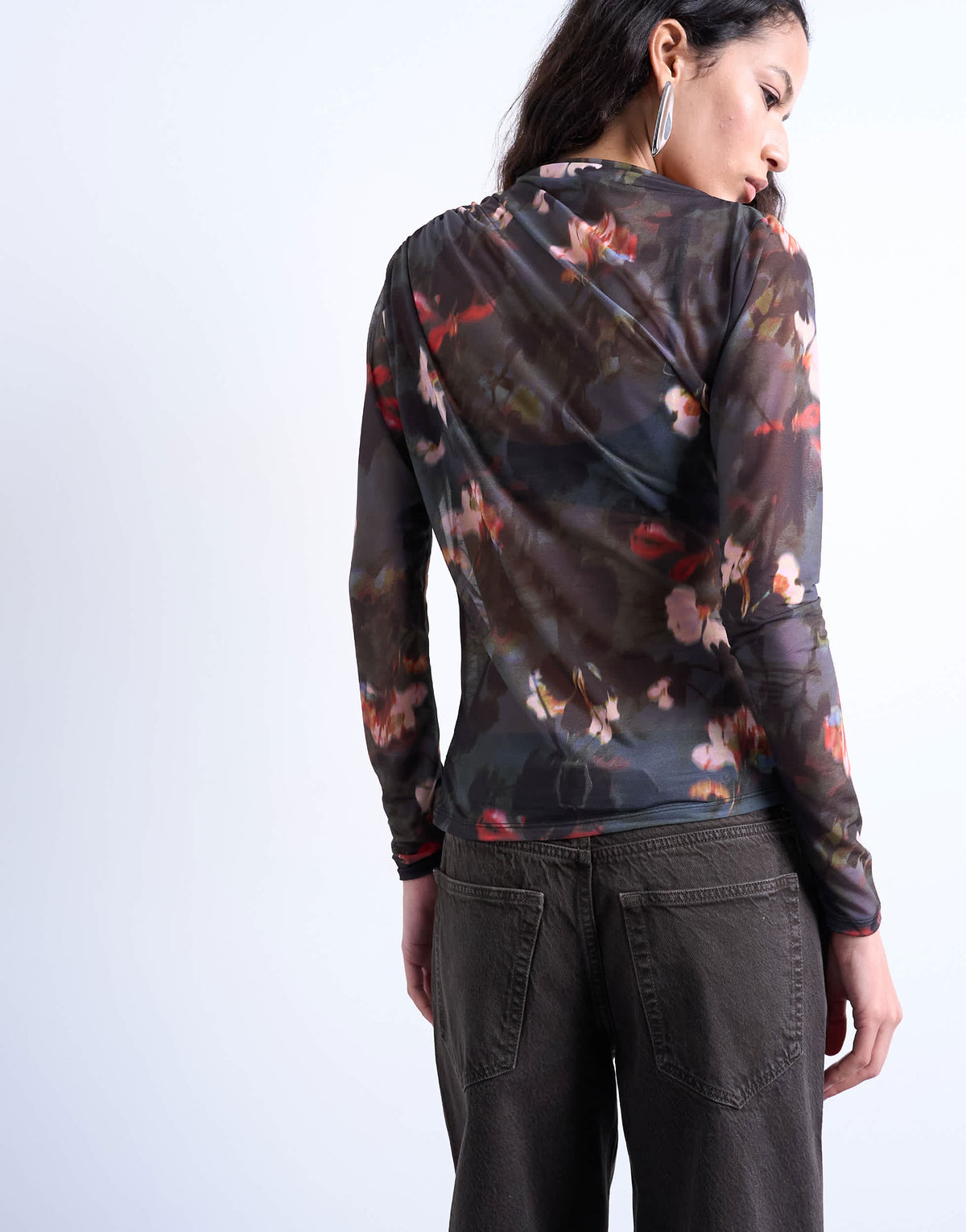 Topshop mesh floral print ruched long sleeve top in black