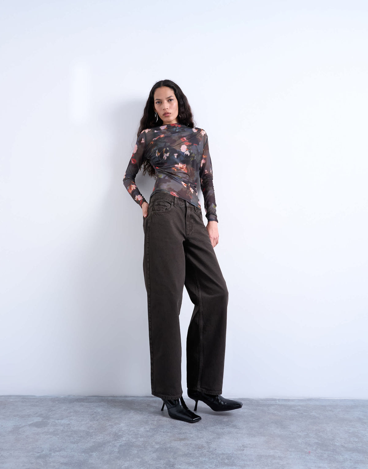 Topshop mesh floral print ruched long sleeve top in black