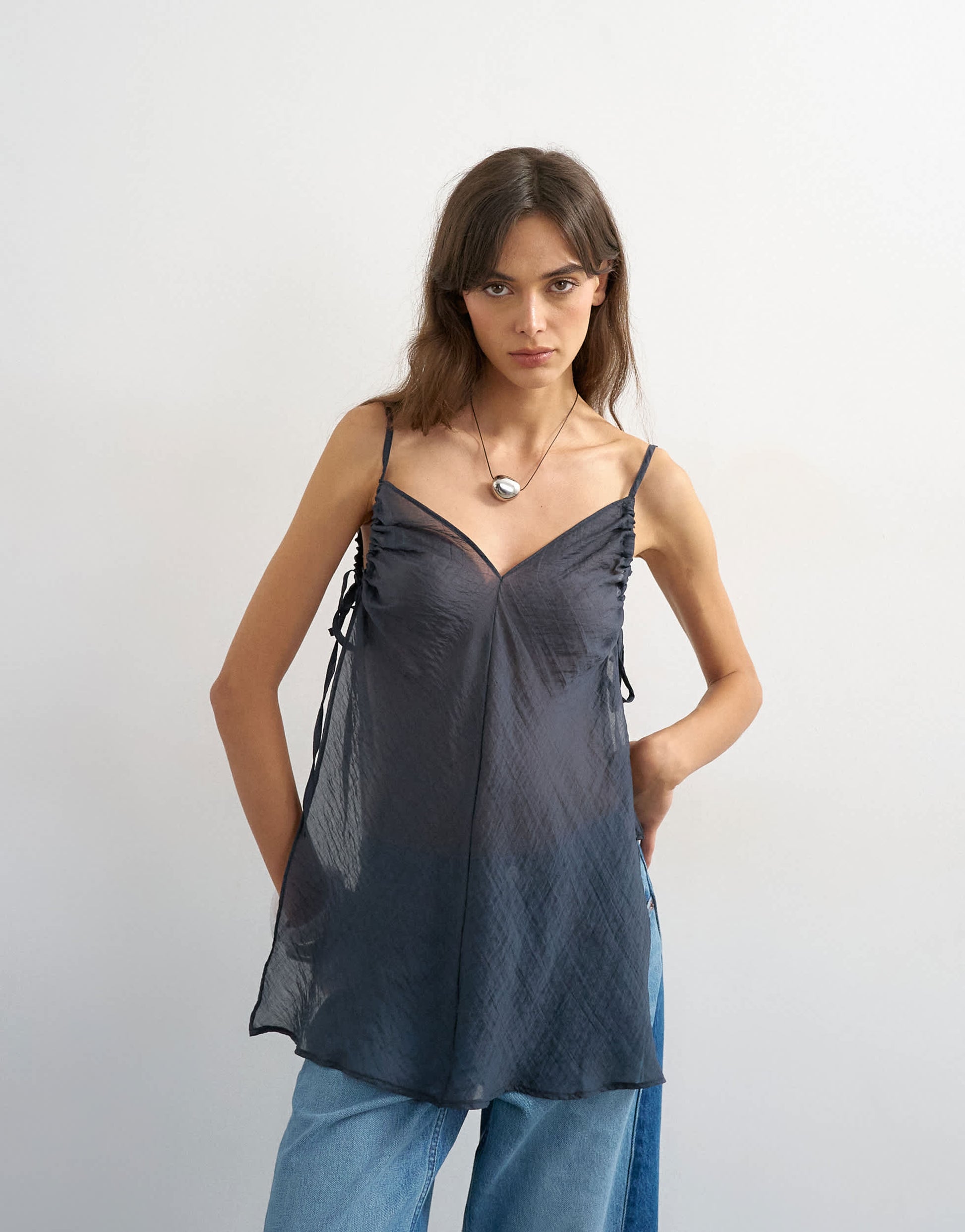 Topshop ruched armhole tie side tunic in navy
