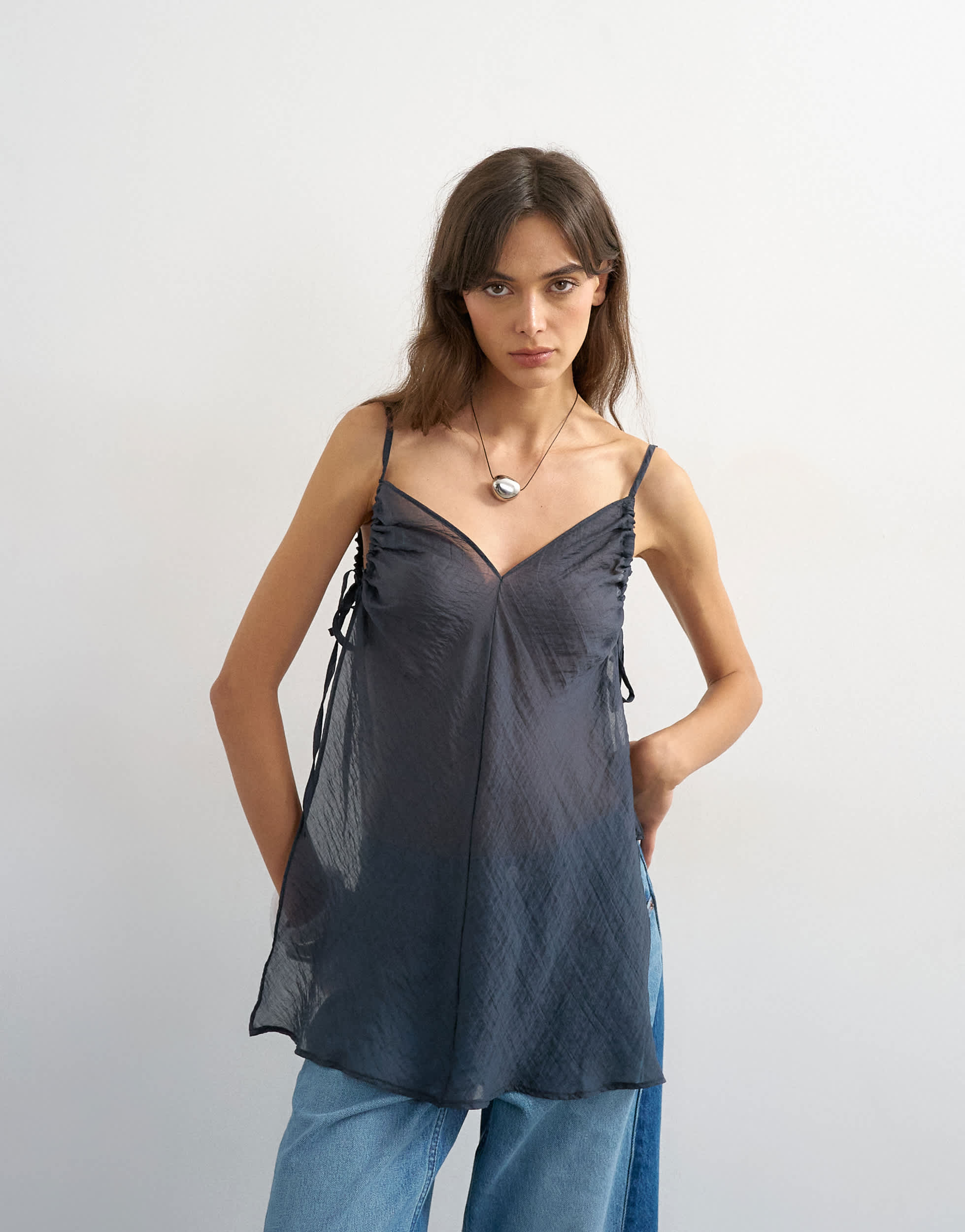 Topshop ruched armhole tie side tunic in navy