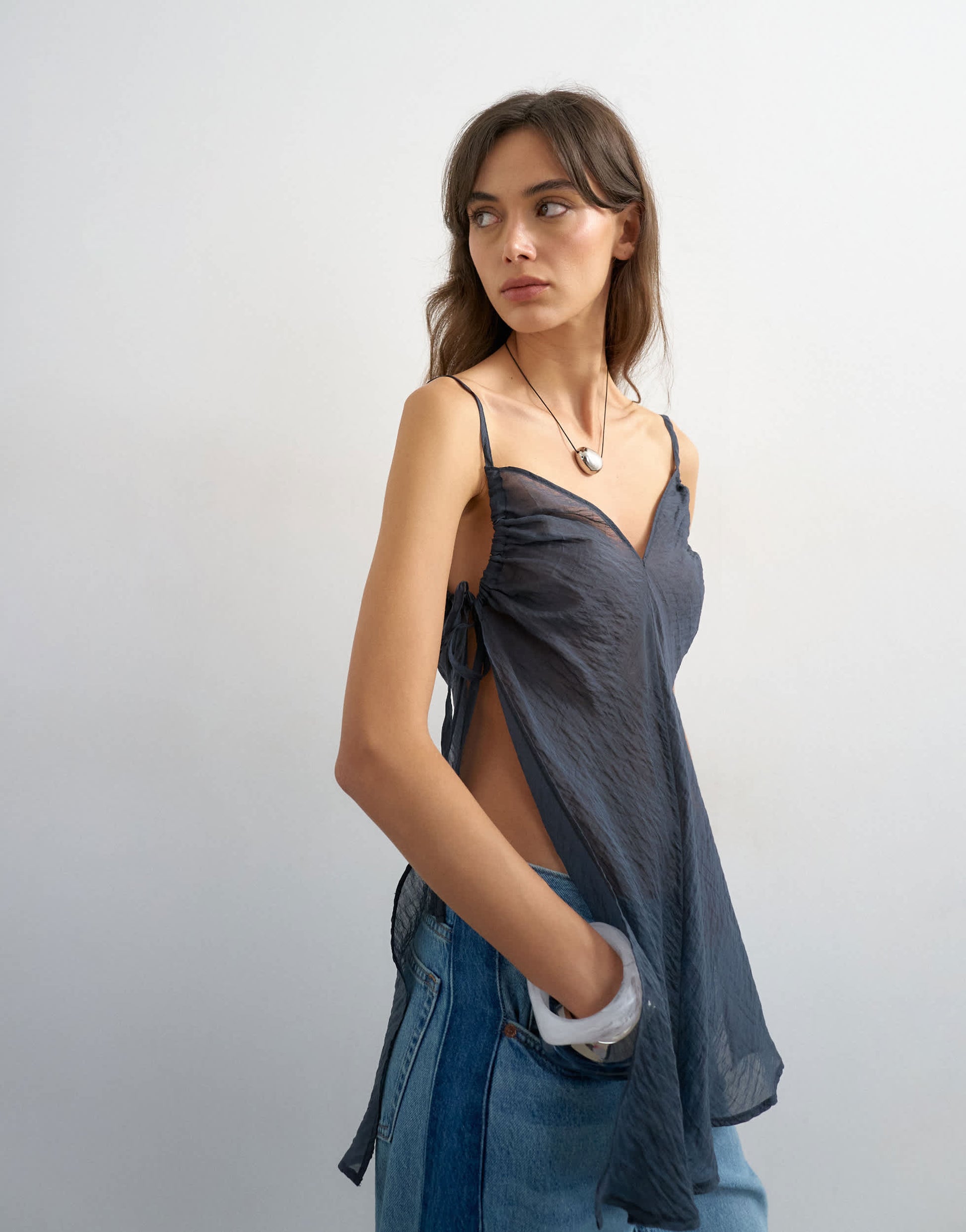 Topshop ruched armhole tie side tunic in navy