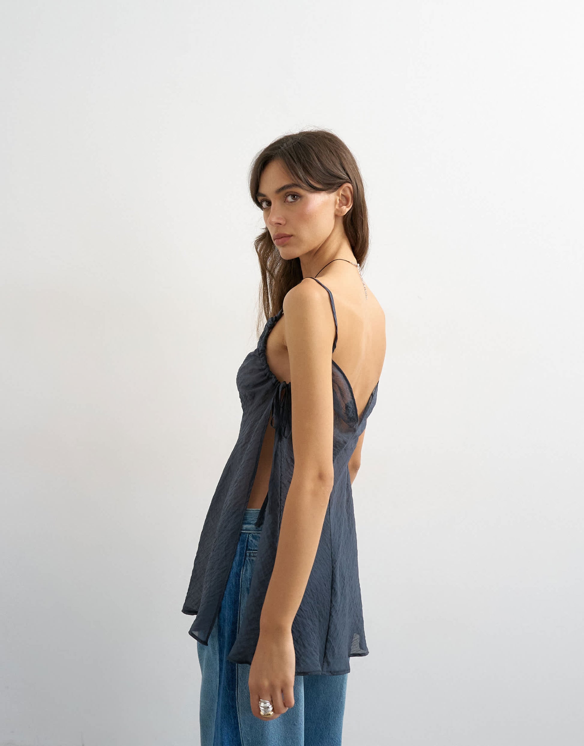 Topshop ruched armhole tie side tunic in navy