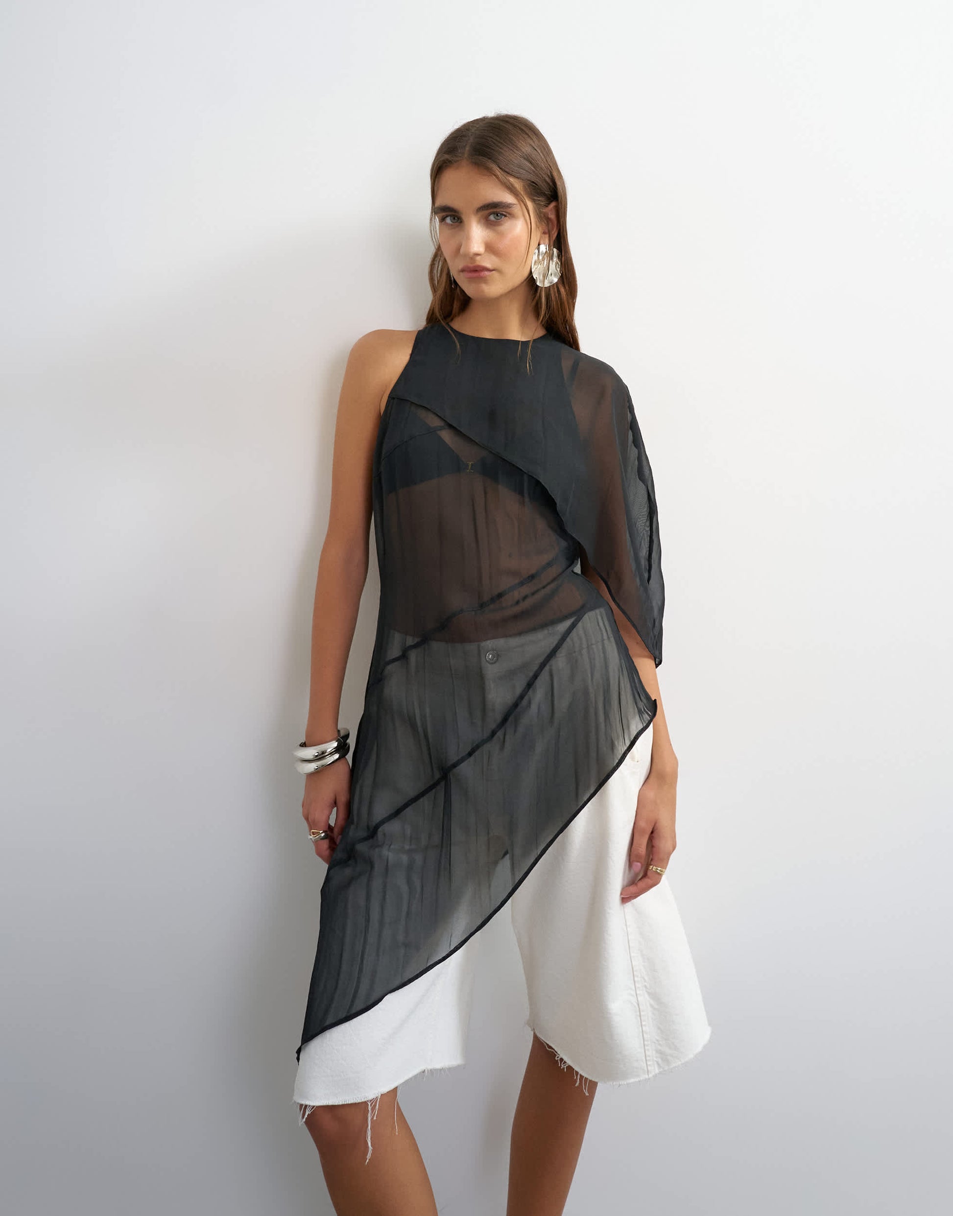 Topshop one shoulder cape detail tunic in black