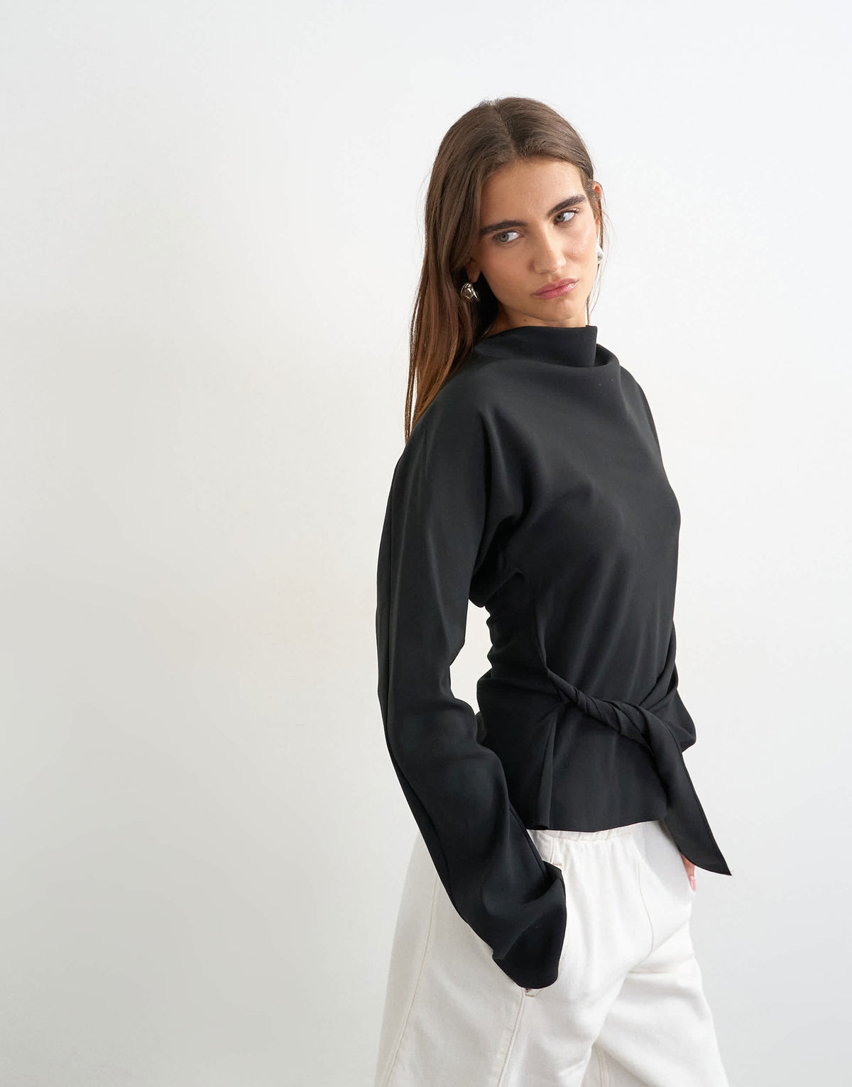Topshop cupro bat sleeve twist side top in black
