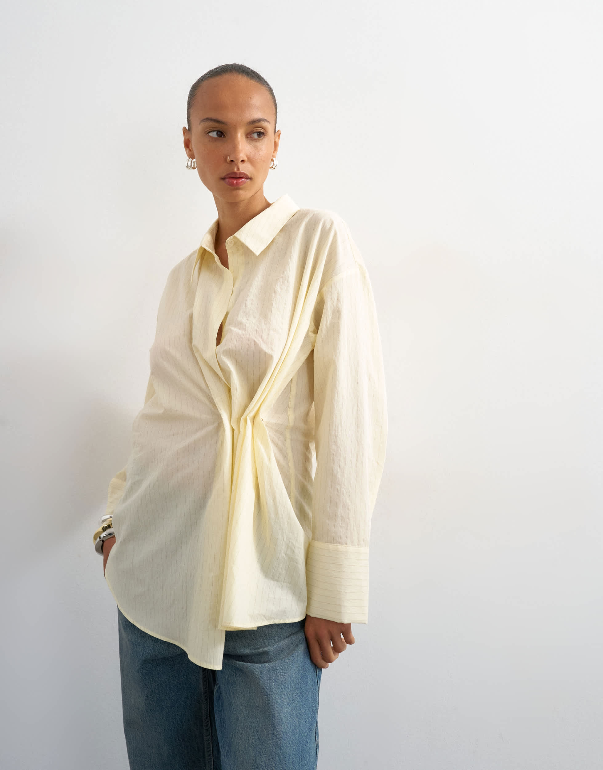 Topshop cinch front detail shirt in yellow stripe