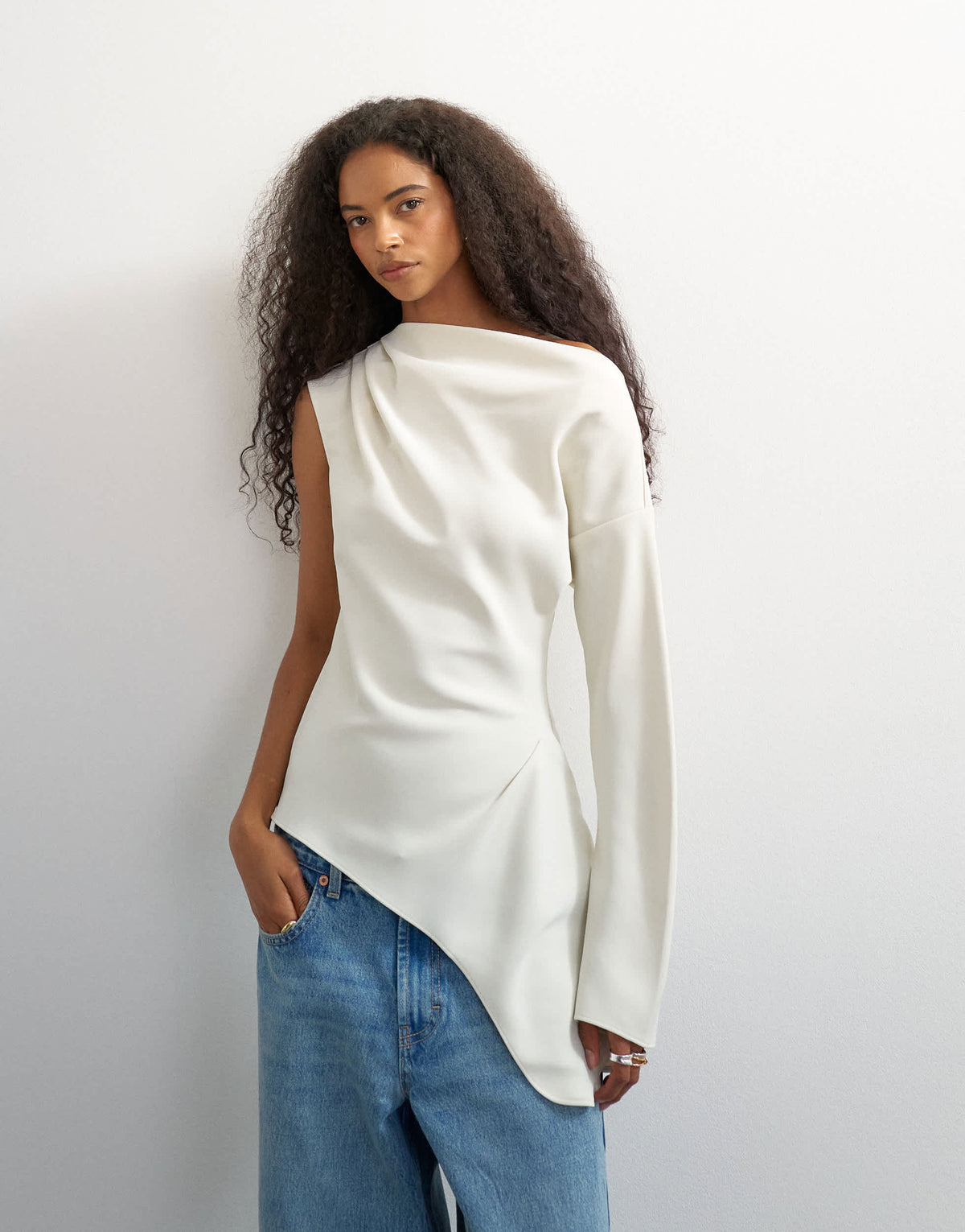 Topshop one shoulder long sleeve draped top in ecru