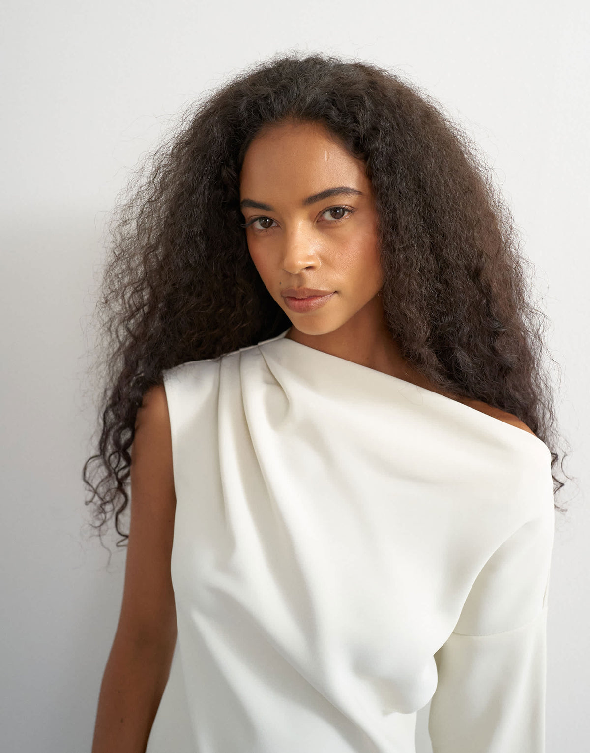 Topshop one shoulder long sleeve draped top in ecru