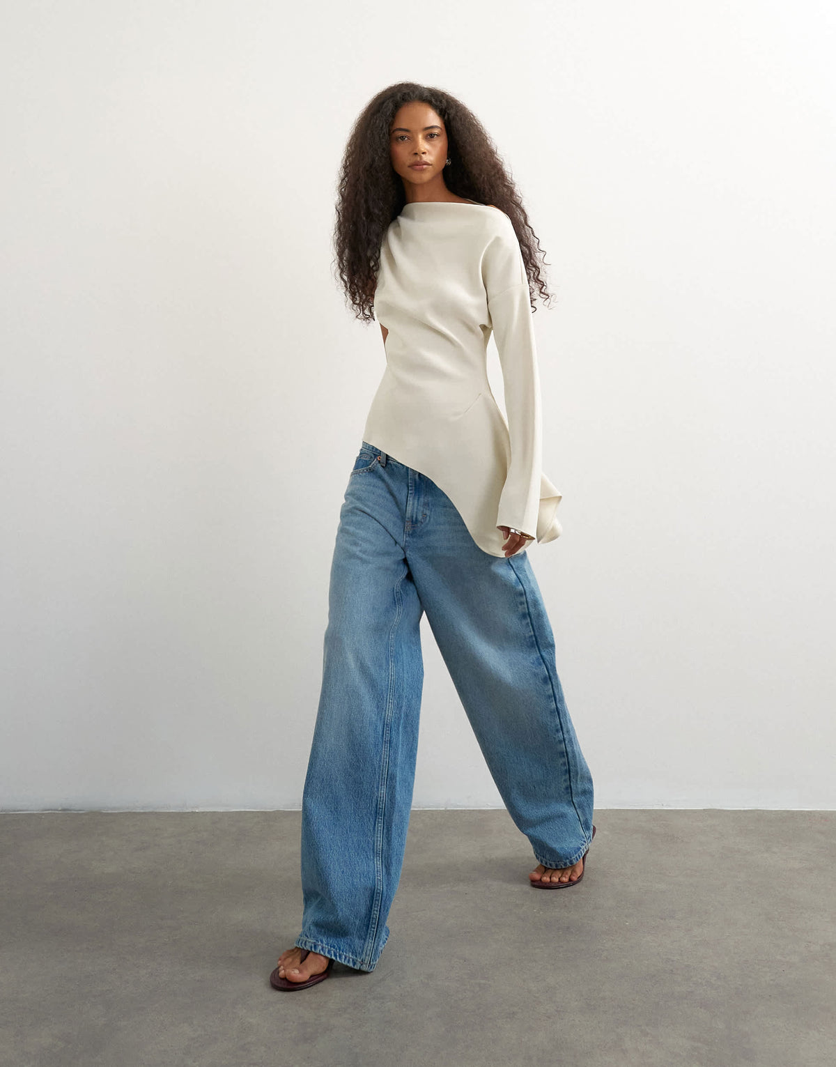 Topshop one shoulder long sleeve draped top in ecru