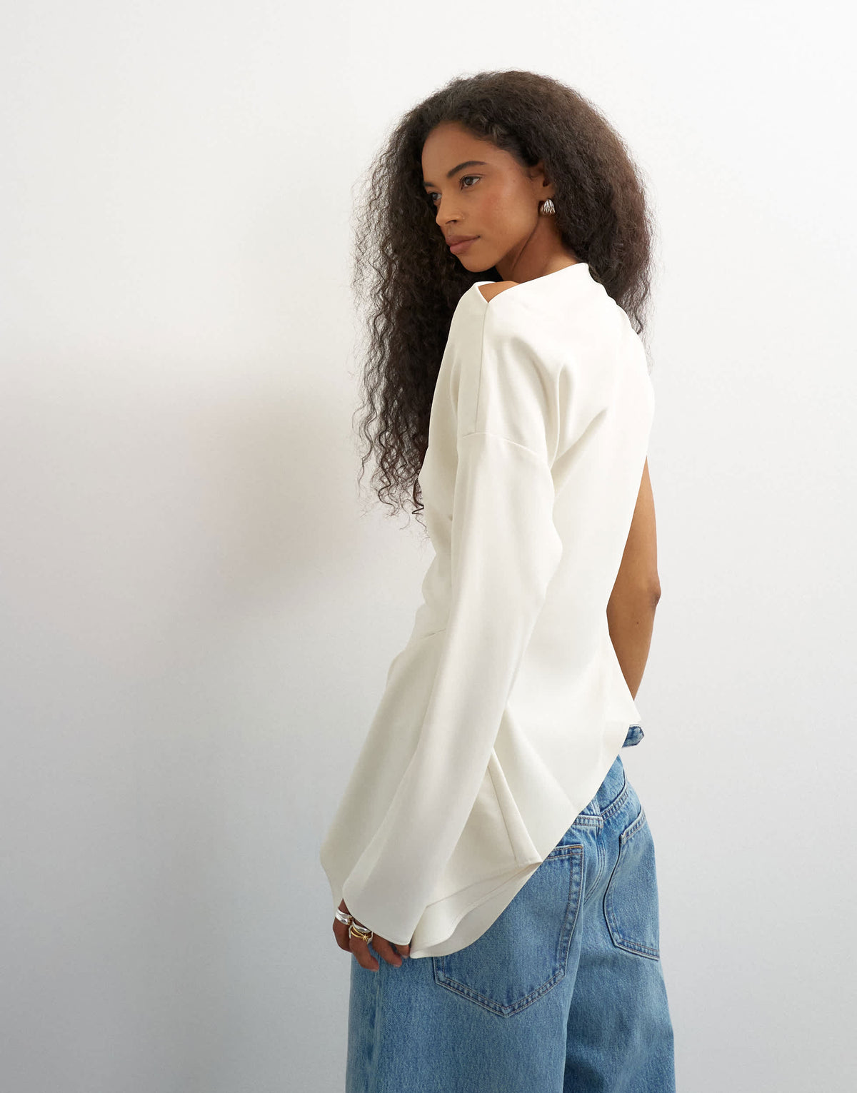 Topshop one shoulder long sleeve draped top in ecru