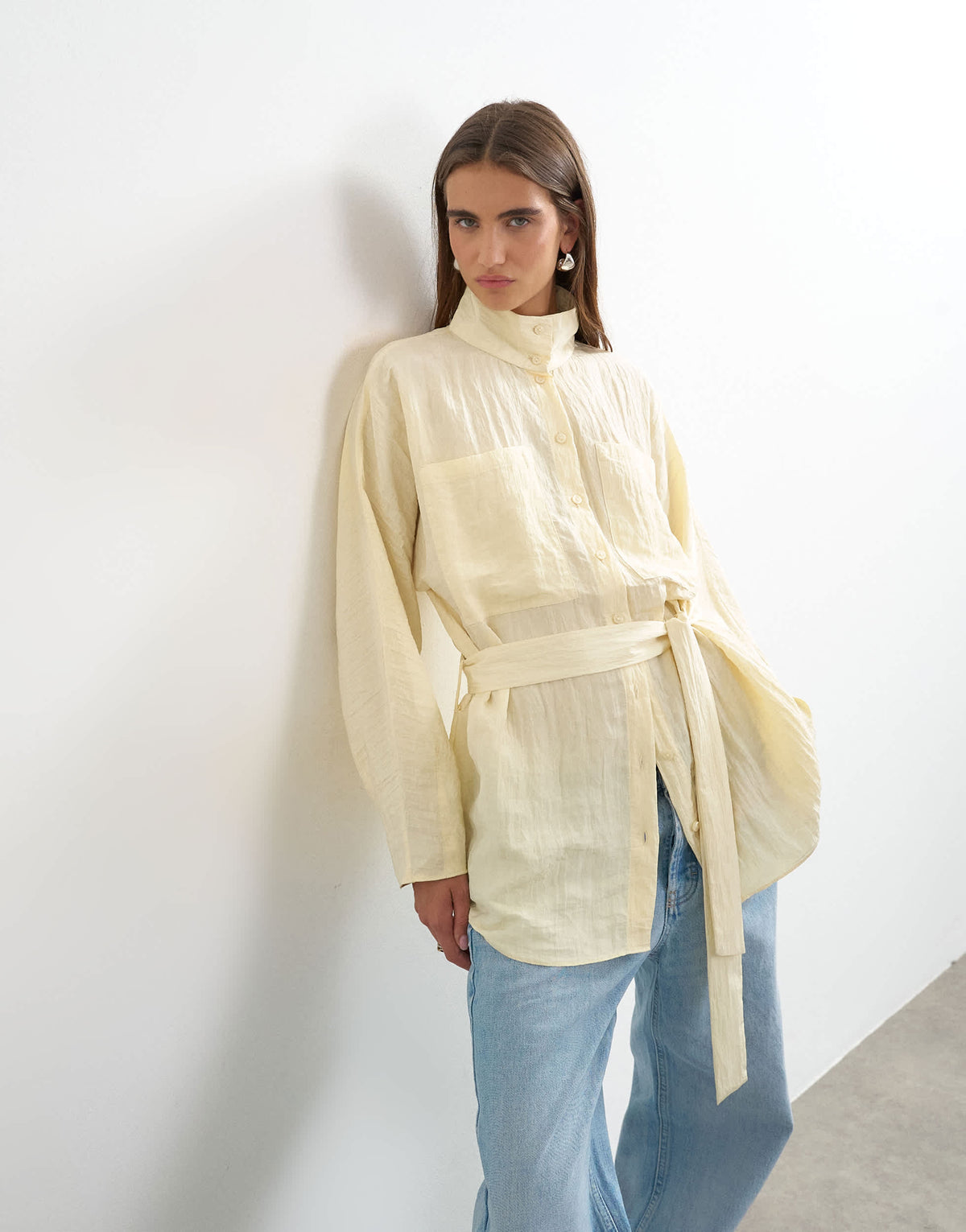 Topshop tie waist funnel neck tunic top in buttermilk