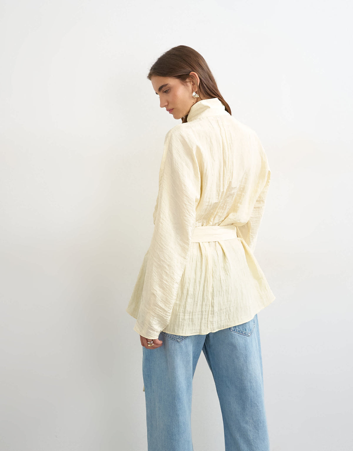 Topshop tie waist funnel neck tunic top in buttermilk