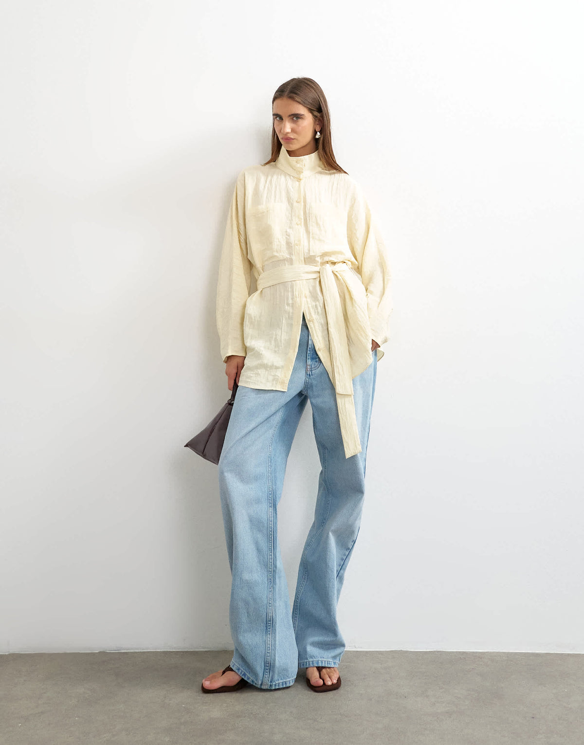 Topshop tie waist funnel neck tunic top in buttermilk