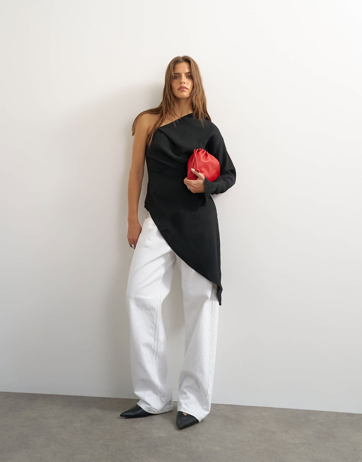 Topshop one shoulder draped long sleeve asymmetric tunic in black