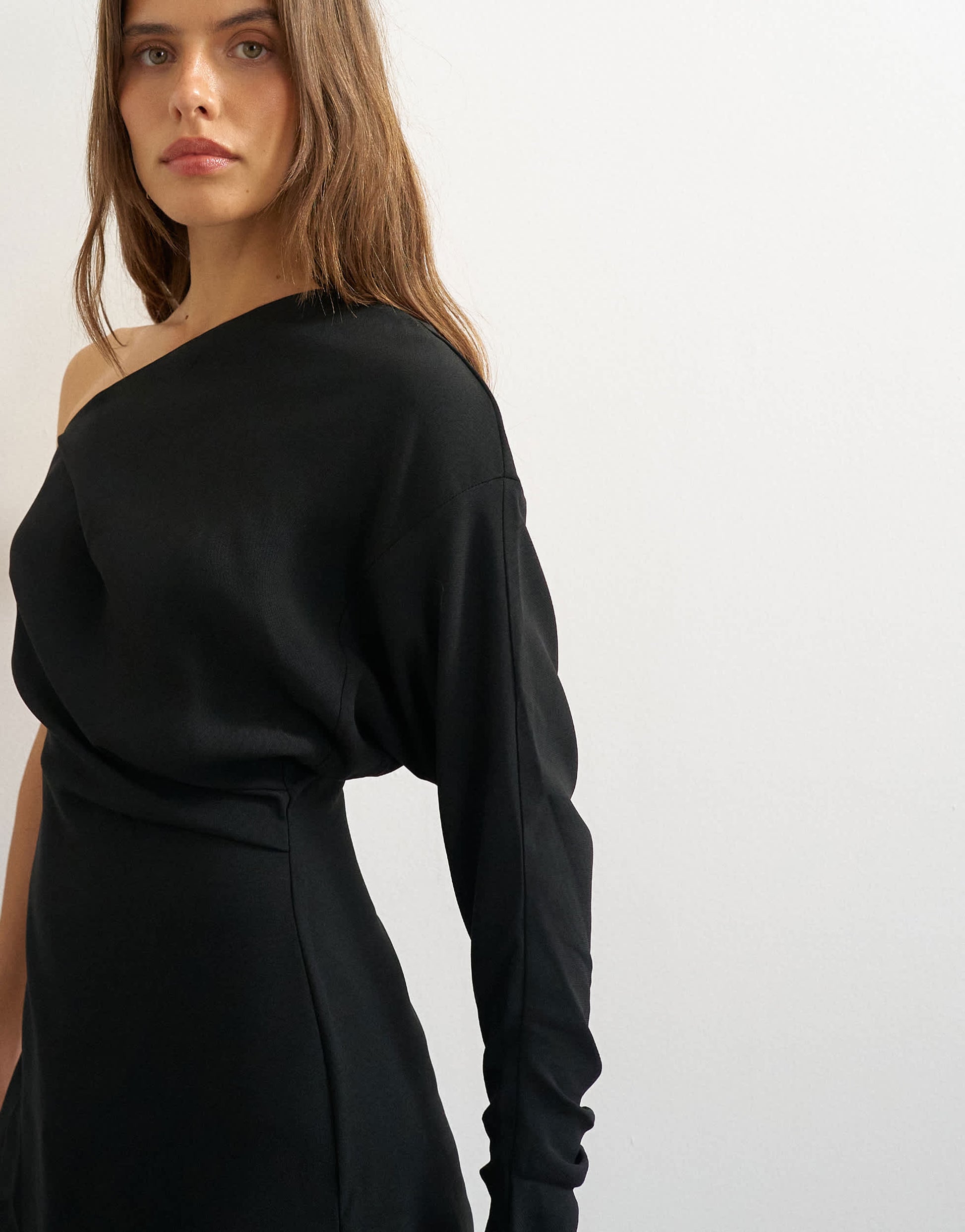 Topshop one shoulder draped long sleeve asymmetric tunic in black
