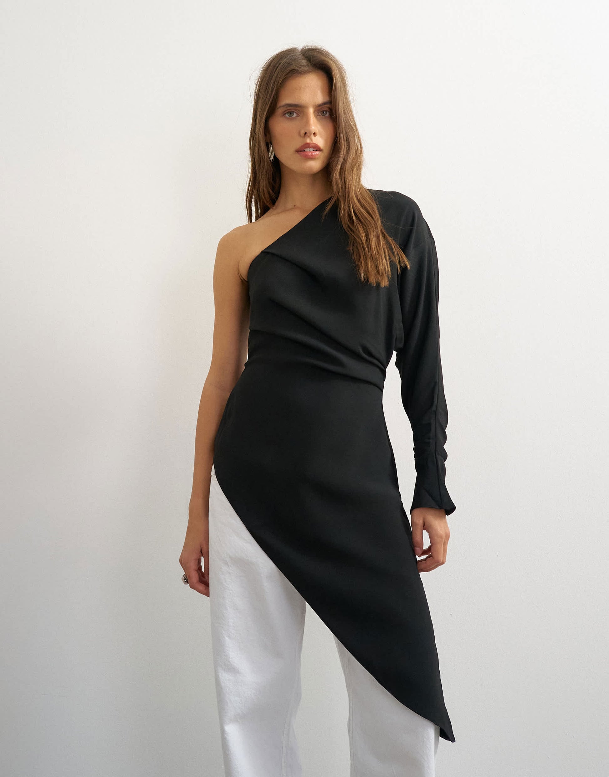 Topshop one shoulder draped long sleeve asymmetric tunic in black