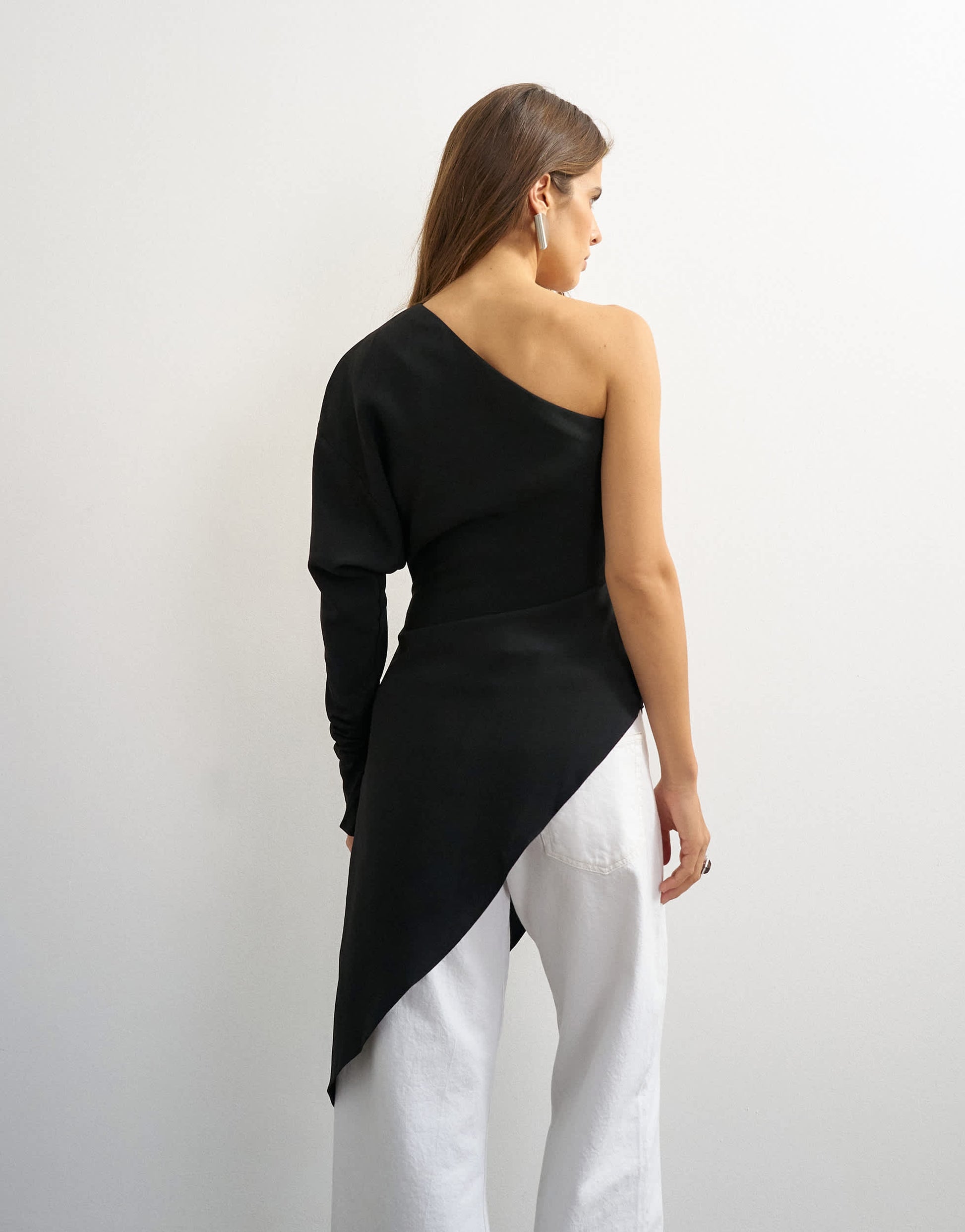 Topshop one shoulder draped long sleeve asymmetric tunic in black
