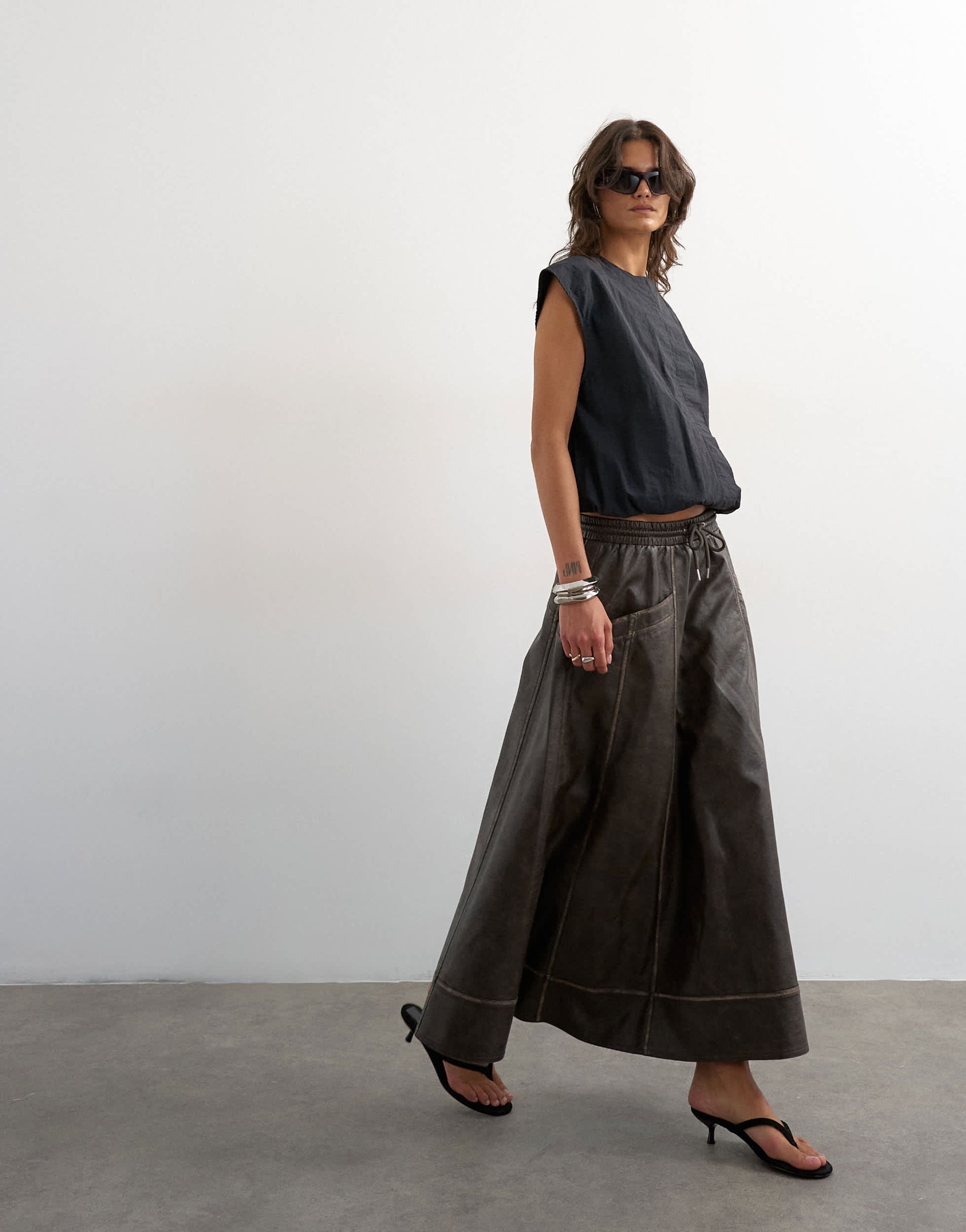 Topshop high shine leather look maxii skirt with side pockets in washed brown