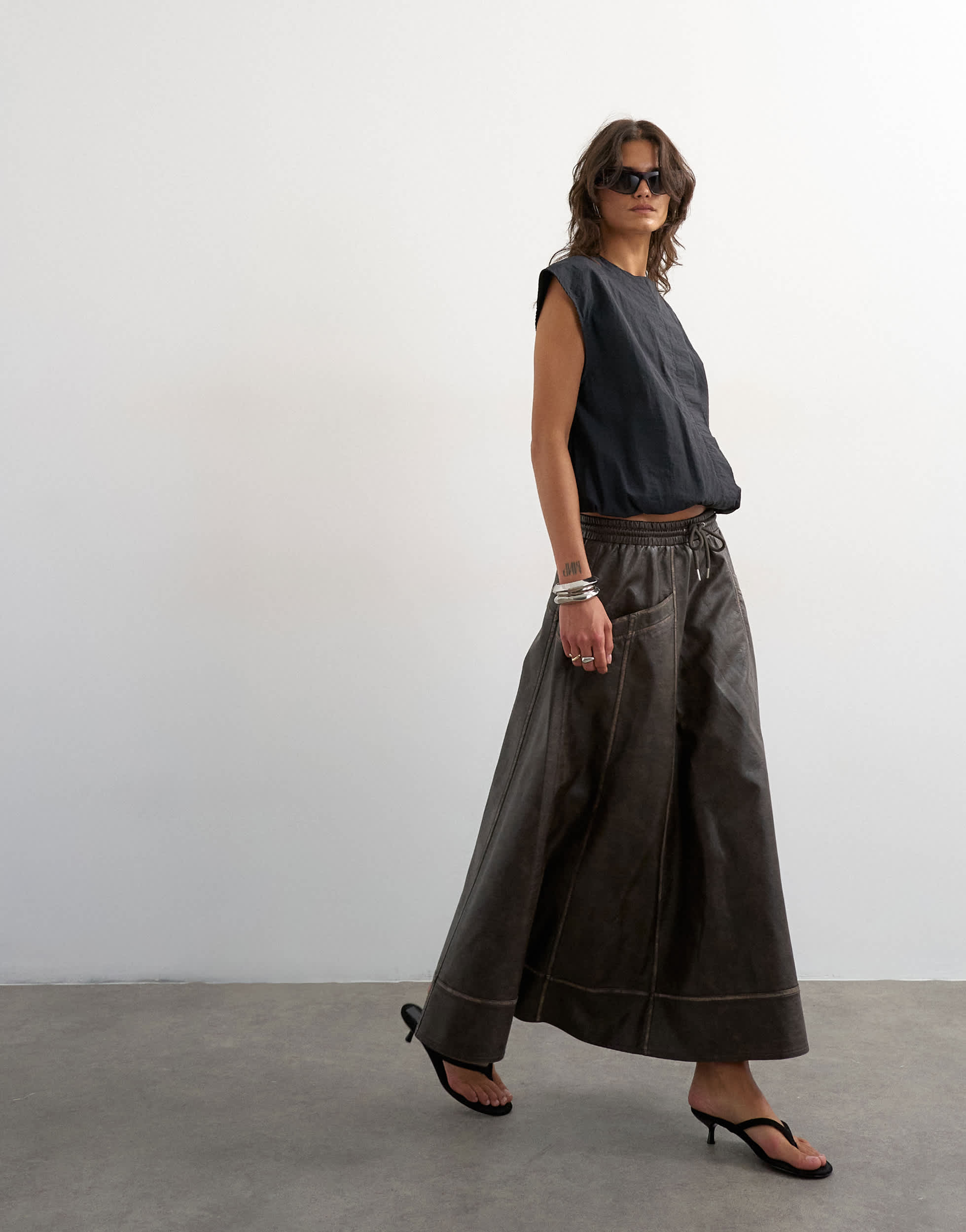 Topshop high shine leather look maxii skirt with side pockets in washed brown