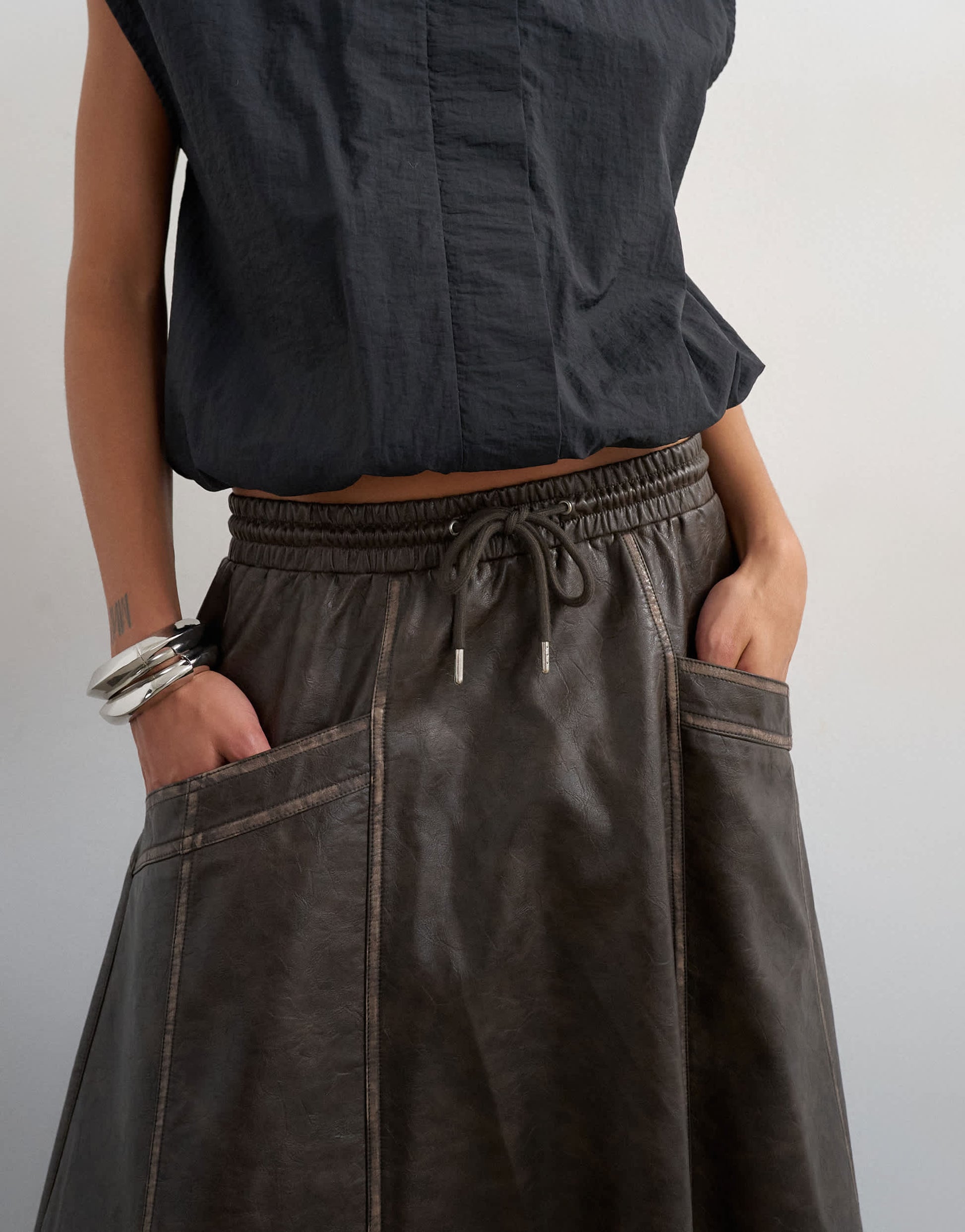 Topshop high shine leather look maxii skirt with side pockets in washed brown