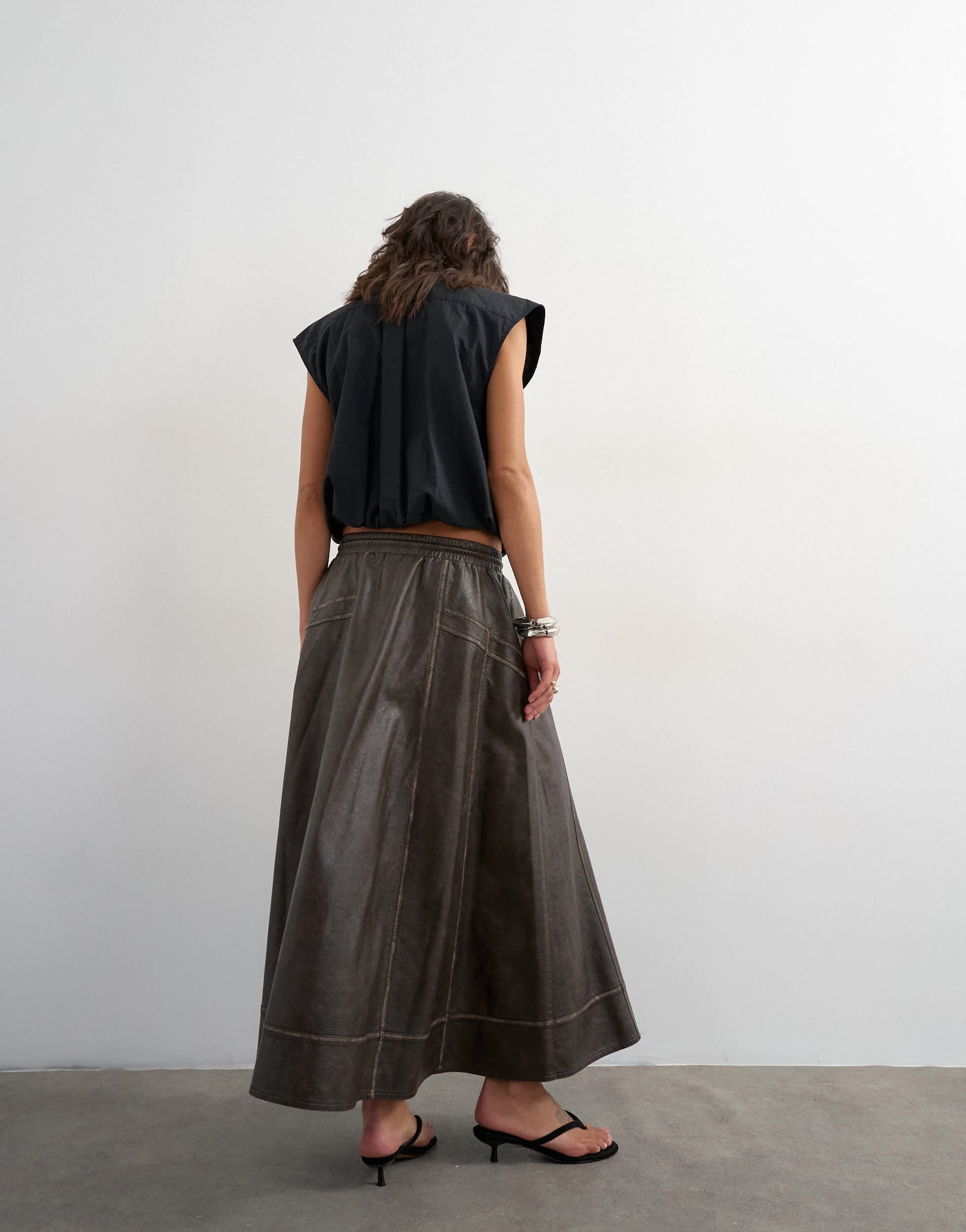Topshop high shine leather look maxii skirt with side pockets in washed brown