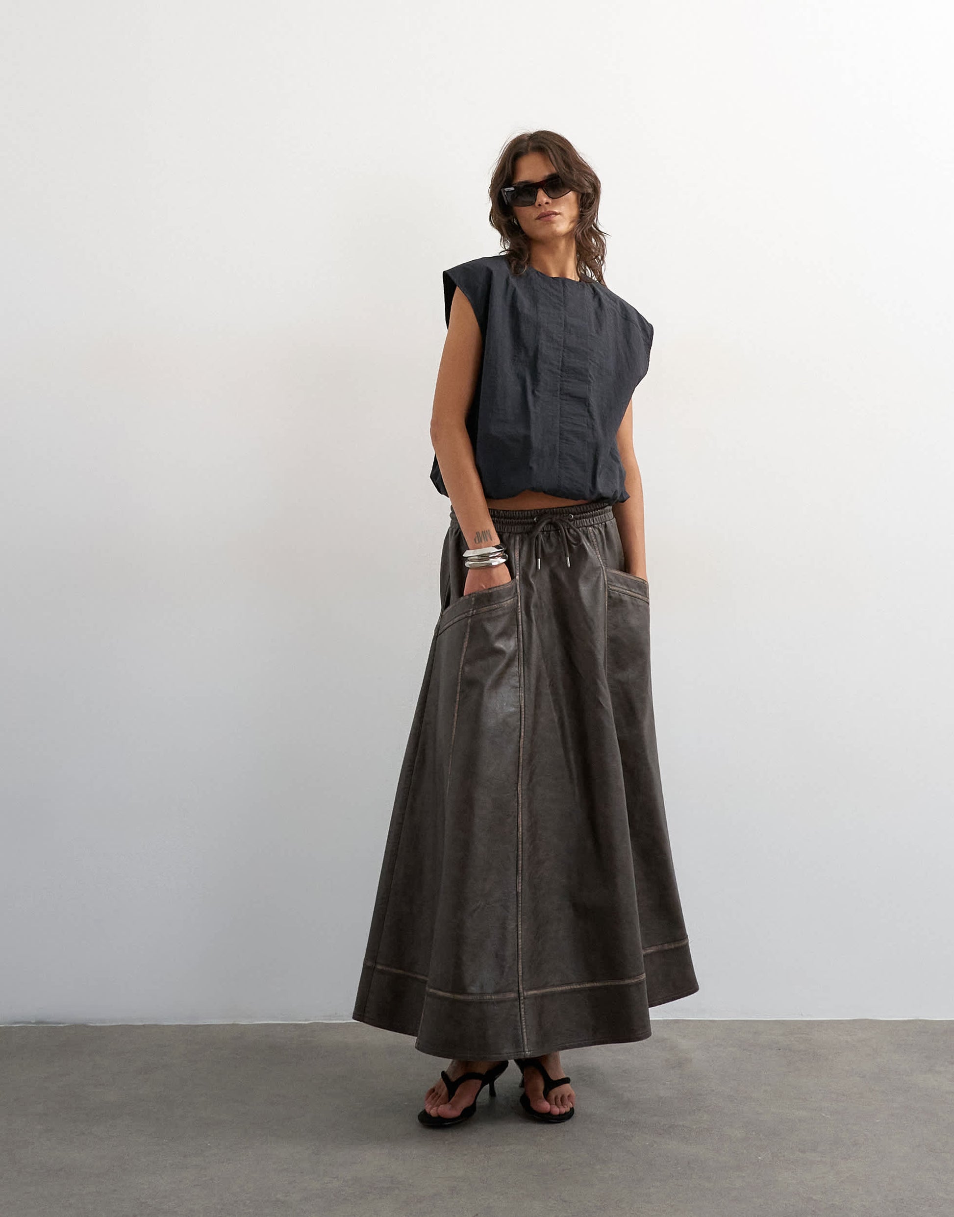 Topshop high shine leather look maxii skirt with side pockets in washed brown