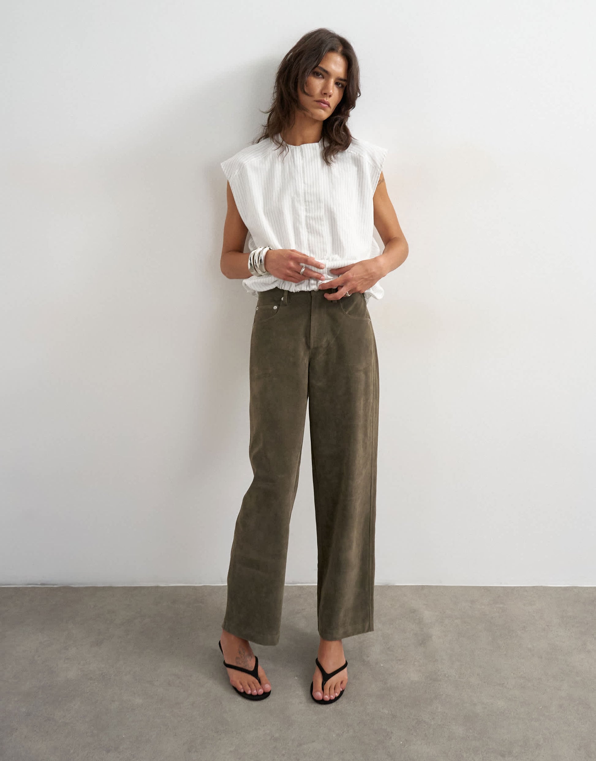 Topshop faux suede cinch trouser in khaki