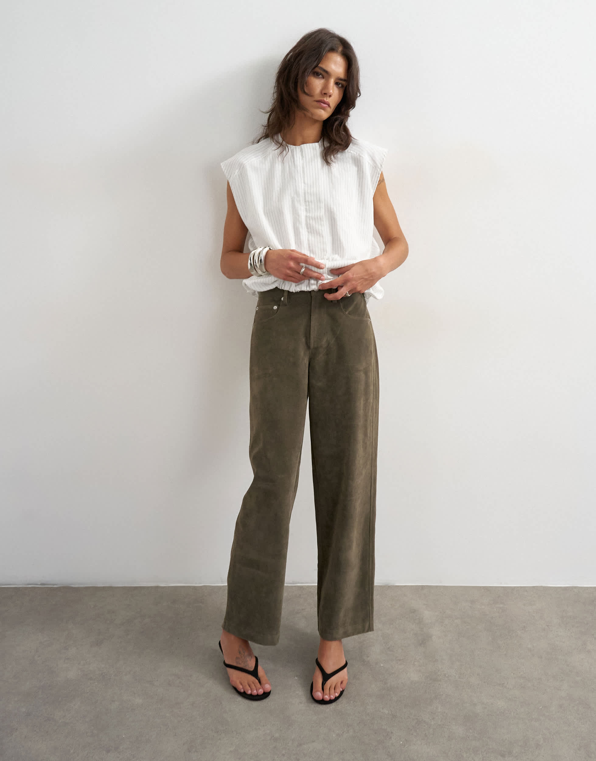 Topshop faux suede cinch trouser in khaki