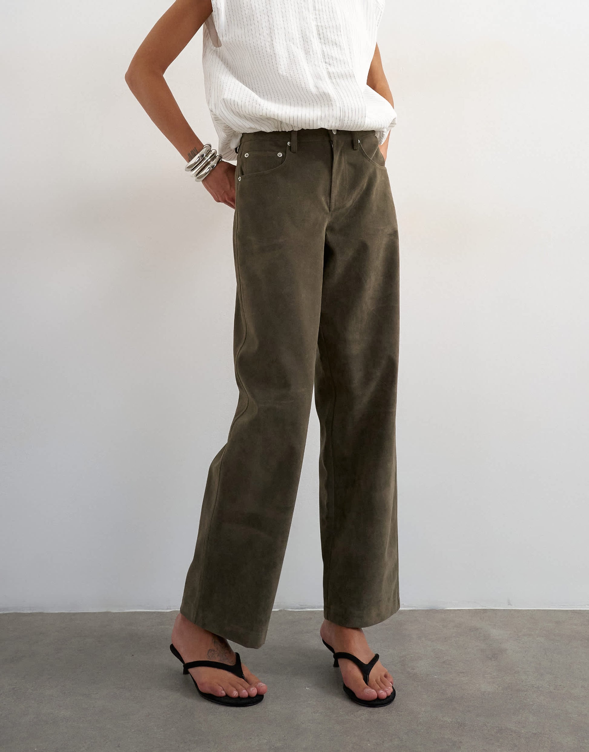 Topshop faux suede cinch trouser in khaki