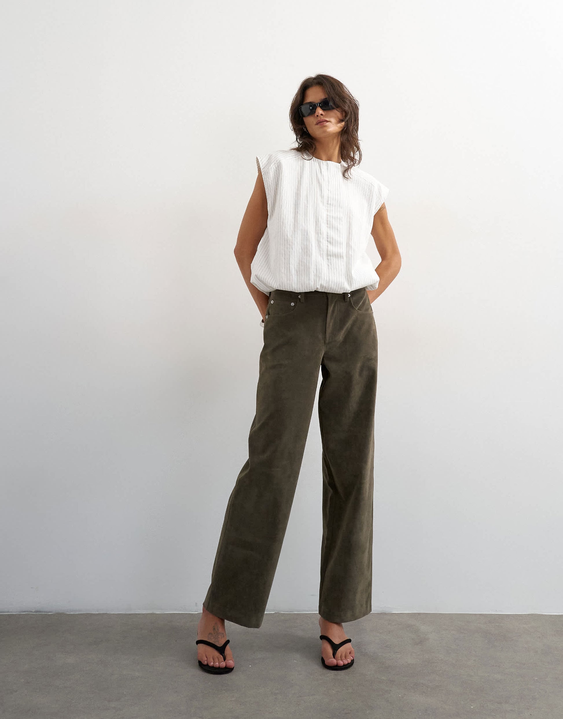 Topshop faux suede cinch trouser in khaki