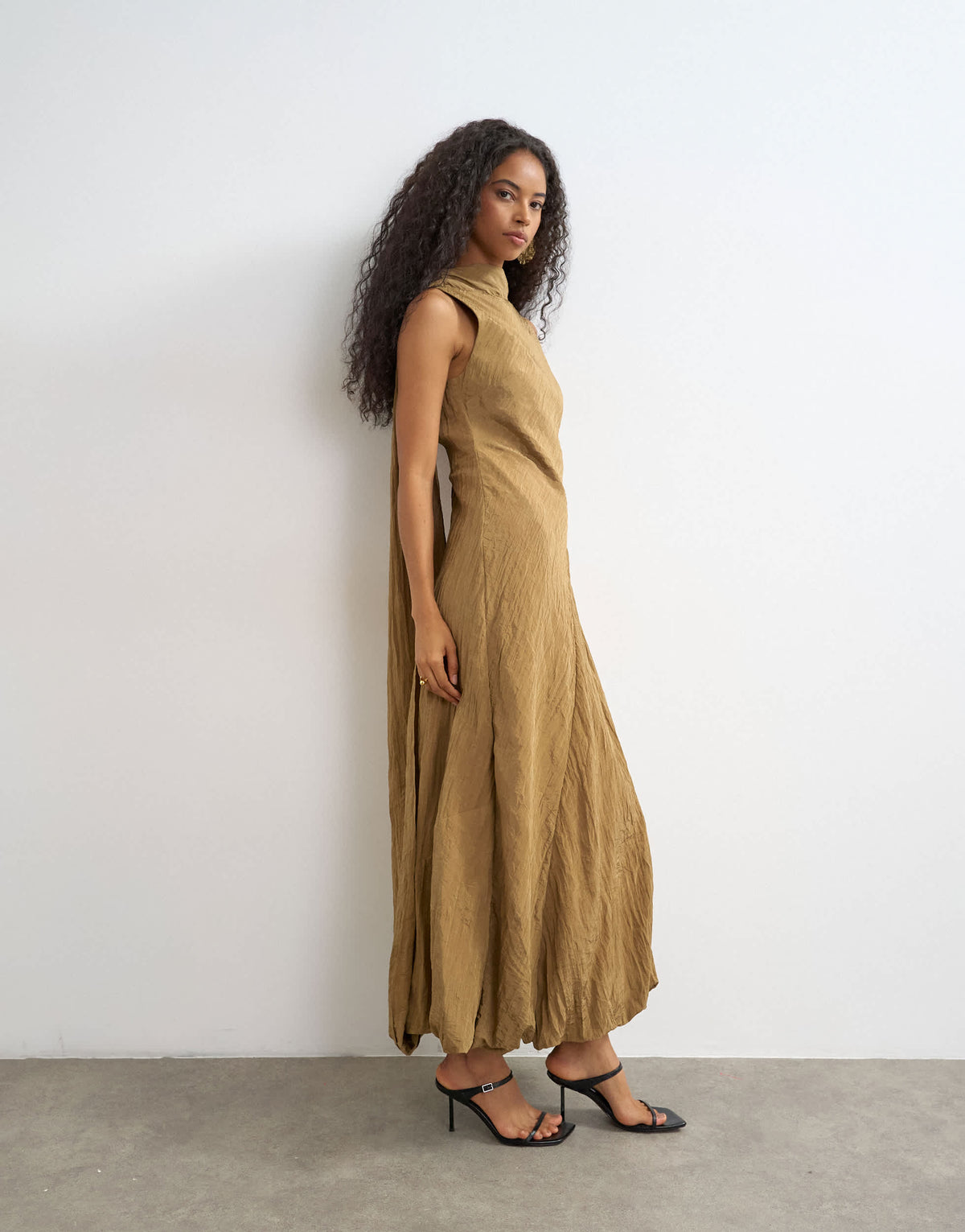 Topshop crinkle tuck side twist shoulder bubble hem maxi dress in camel