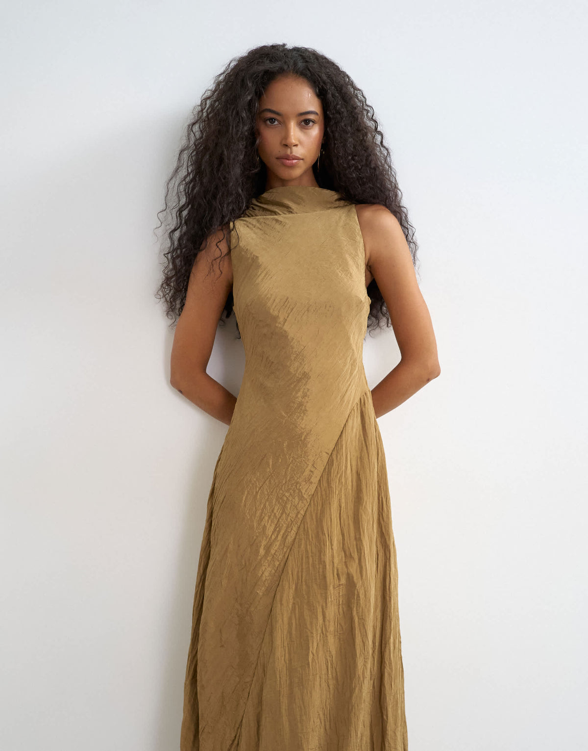Topshop crinkle tuck side twist shoulder bubble hem maxi dress in camel