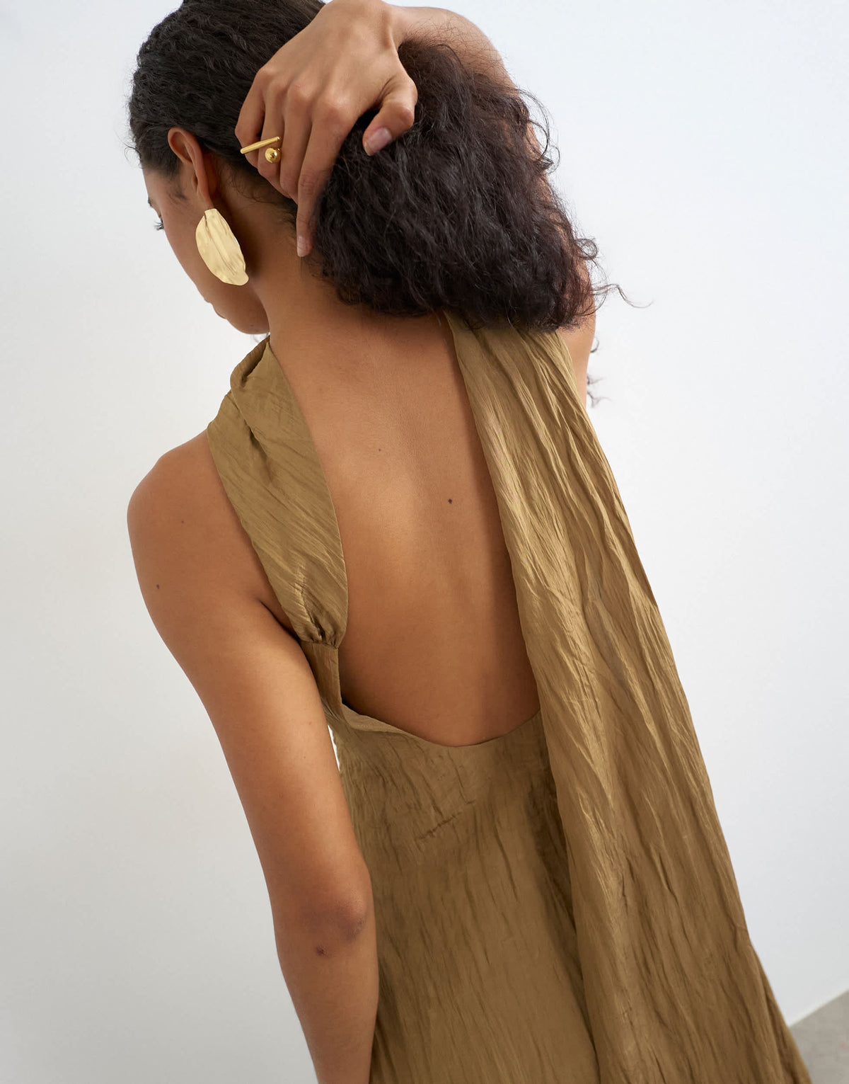 Topshop crinkle tuck side twist shoulder bubble hem maxi dress in camel