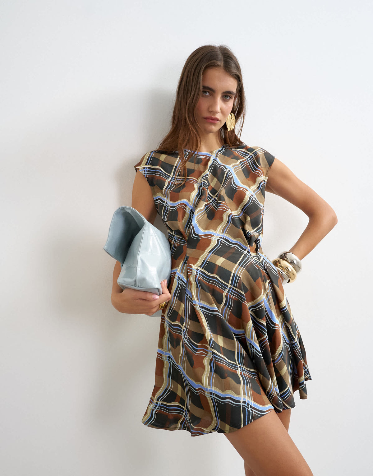 Topshop satin short sleeve asymmetric tunic mini dress in warped check print