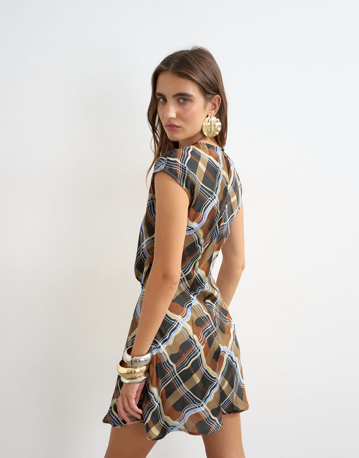 Topshop satin short sleeve asymmetric tunic mini dress in warped check print