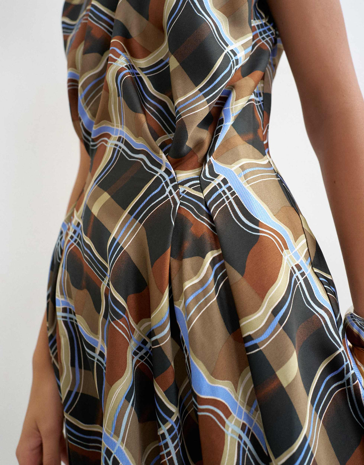 Topshop satin short sleeve asymmetric tunic mini dress in warped check print