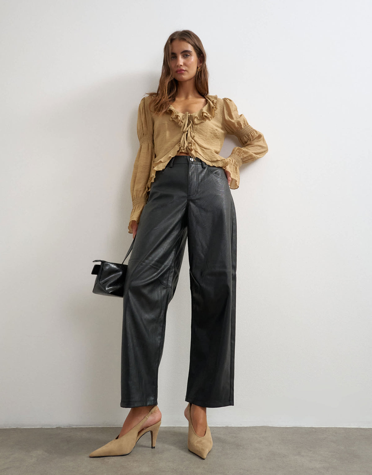 Topshop faux leather barrel leg trouser in black