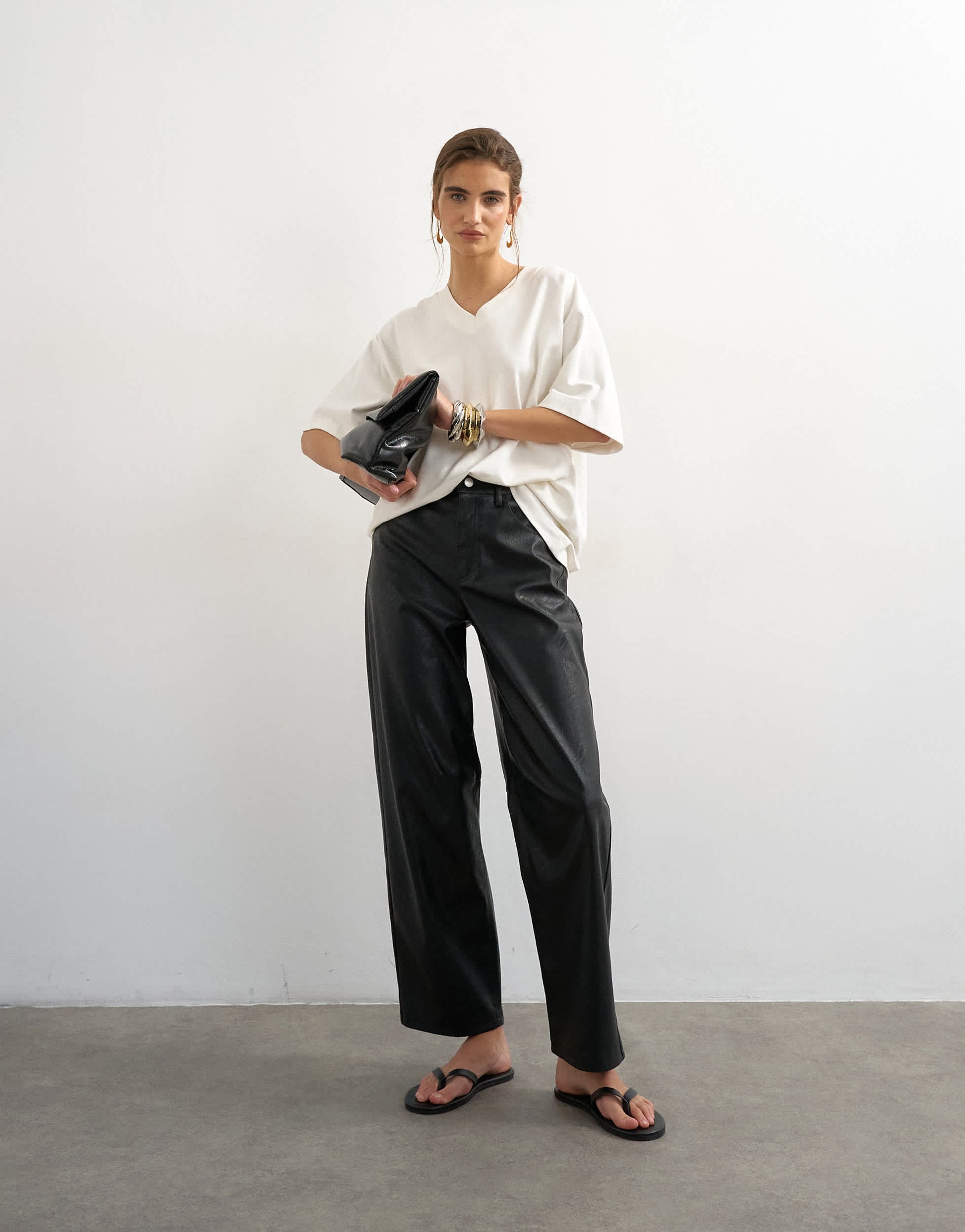 Topshop faux leather barrel leg trouser in black