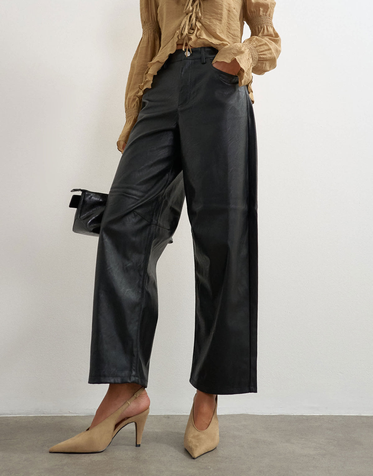 Topshop faux leather barrel leg trouser in black