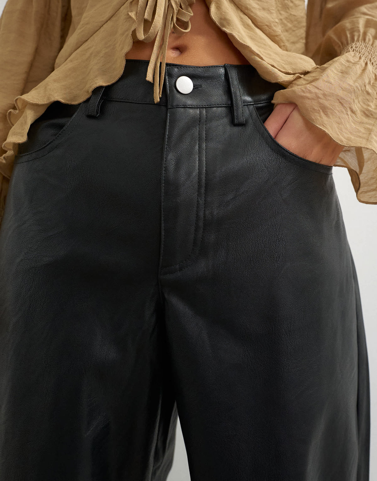 Topshop faux leather barrel leg trouser in black