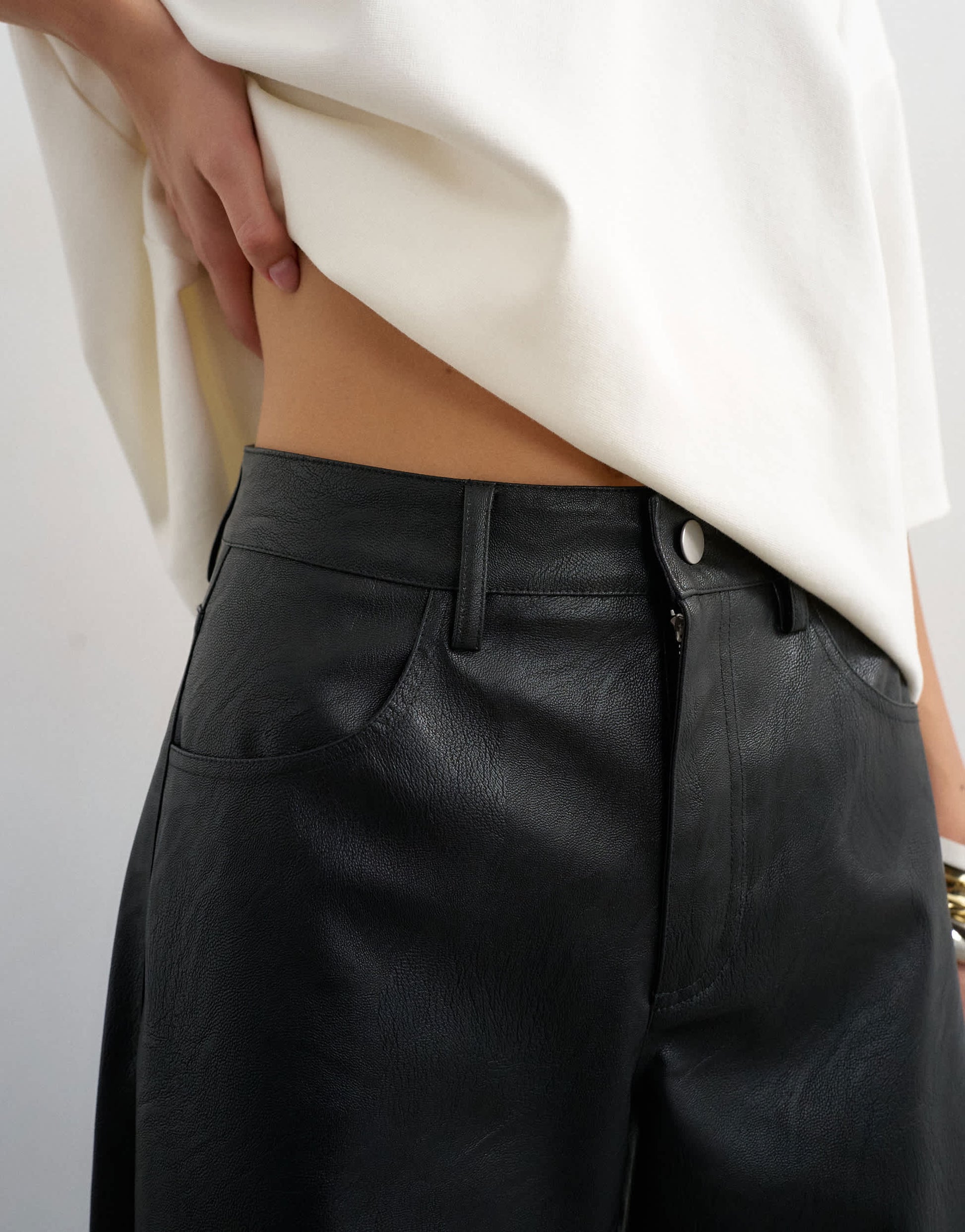 Topshop faux leather barrel leg trouser in black